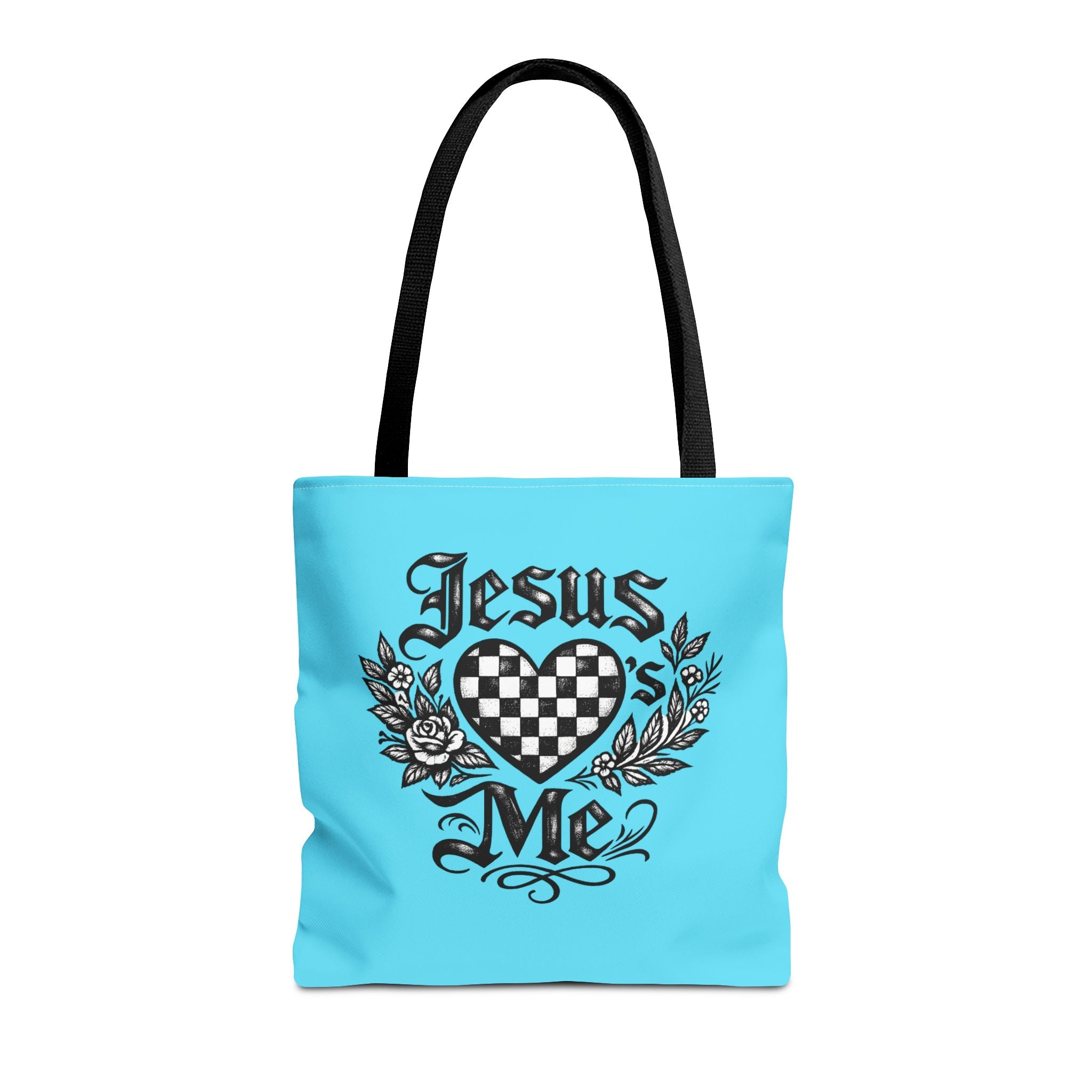 Religious Tote Bag — "Jesus Loves Me" Checkerboard Heart Design