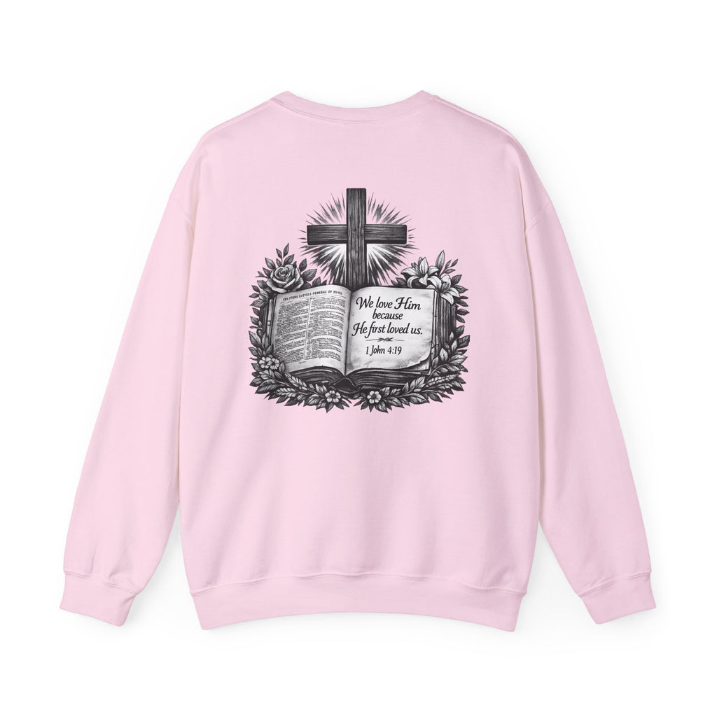 Bible Verse Cross Sweatshirt | 1 John 4:19 Religious Crewneck