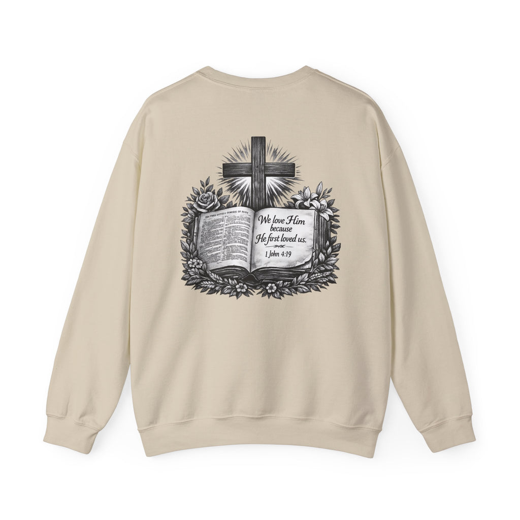 Bible Verse Cross Sweatshirt | 1 John 4:19 Religious Crewneck