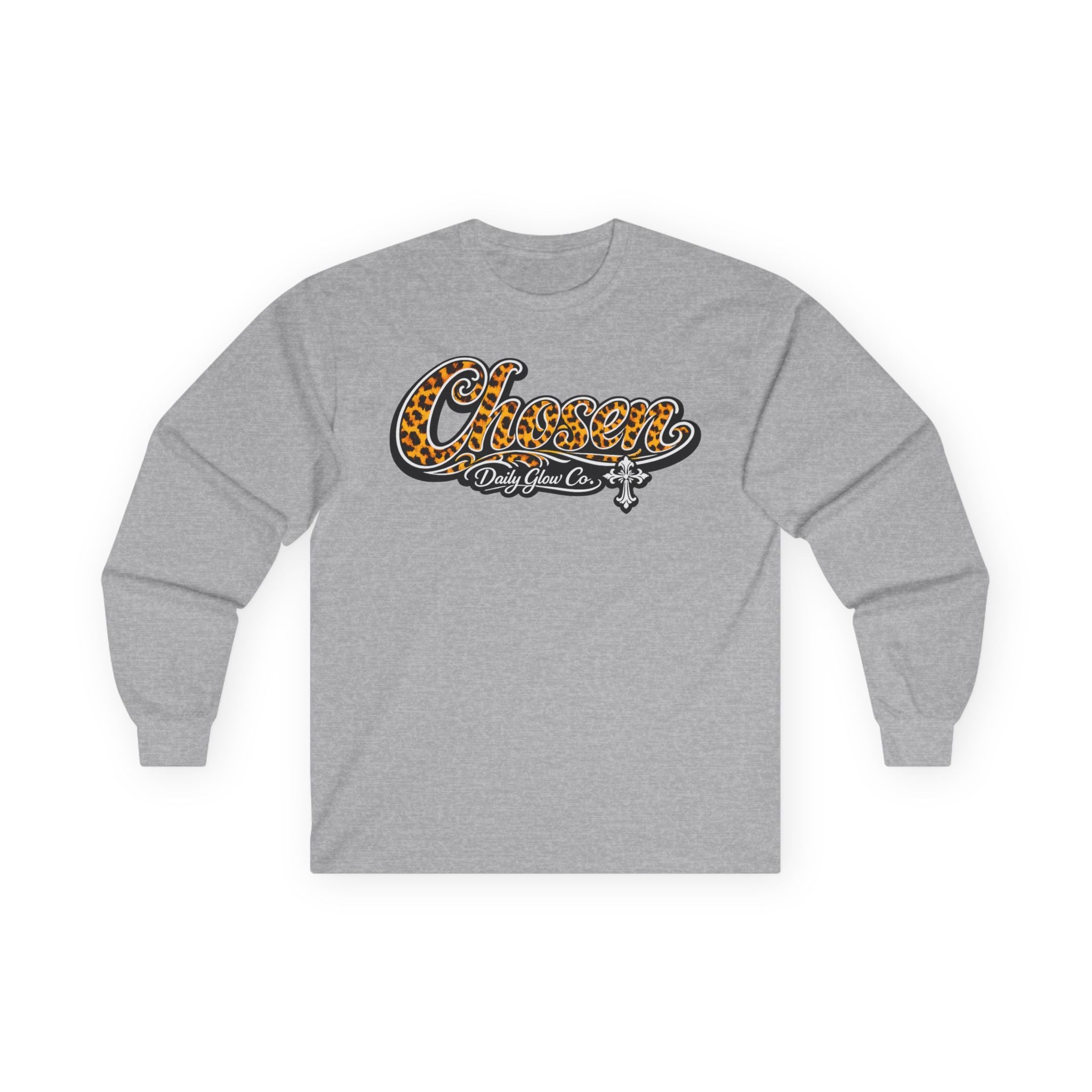Chosen Leopard Script Christian Streetwear Long Sleeve Tee | Retro Cheetah Print Cross Long Sleeve Tee