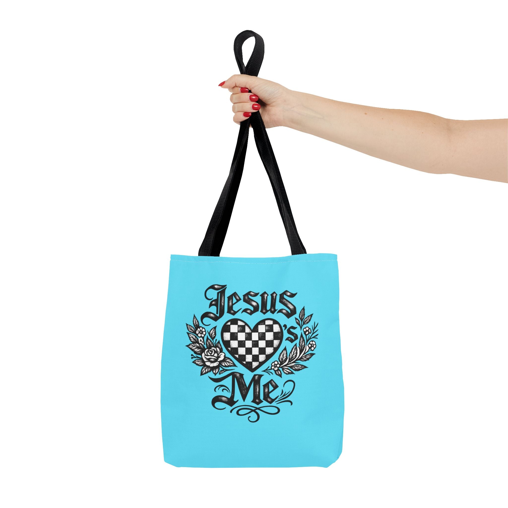 Religious Tote Bag — "Jesus Loves Me" Checkerboard Heart Design