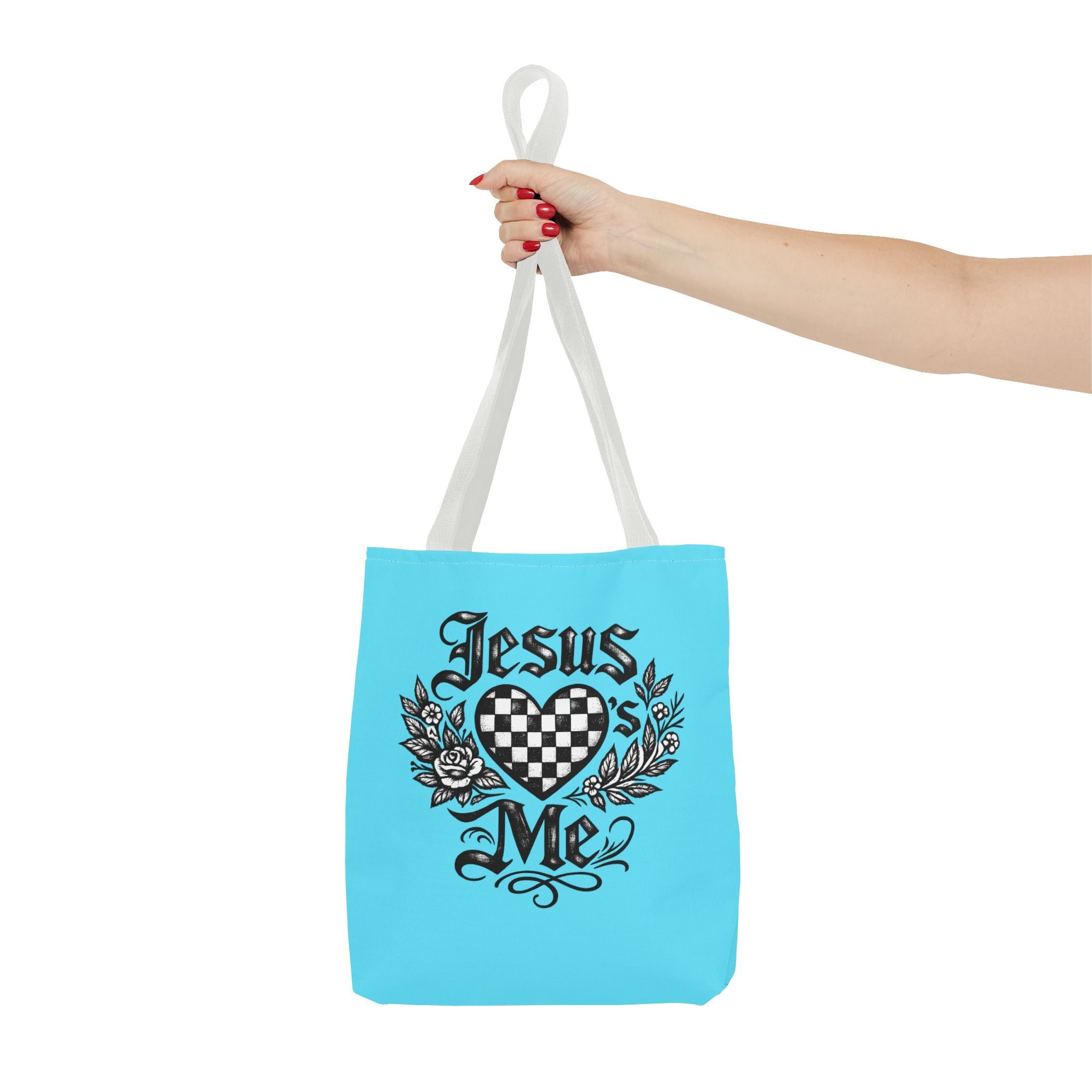 Religious Tote Bag — "Jesus Loves Me" Checkerboard Heart Design