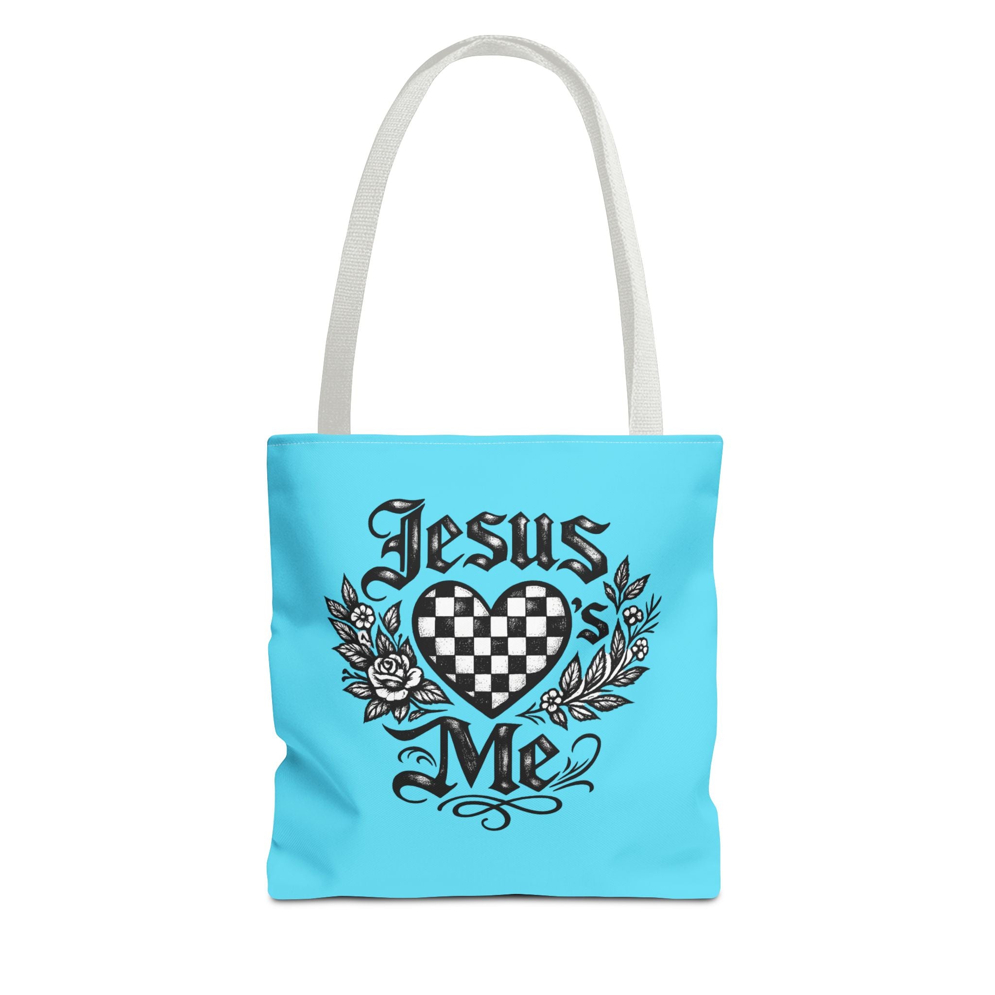 Religious Tote Bag — "Jesus Loves Me" Checkerboard Heart Design