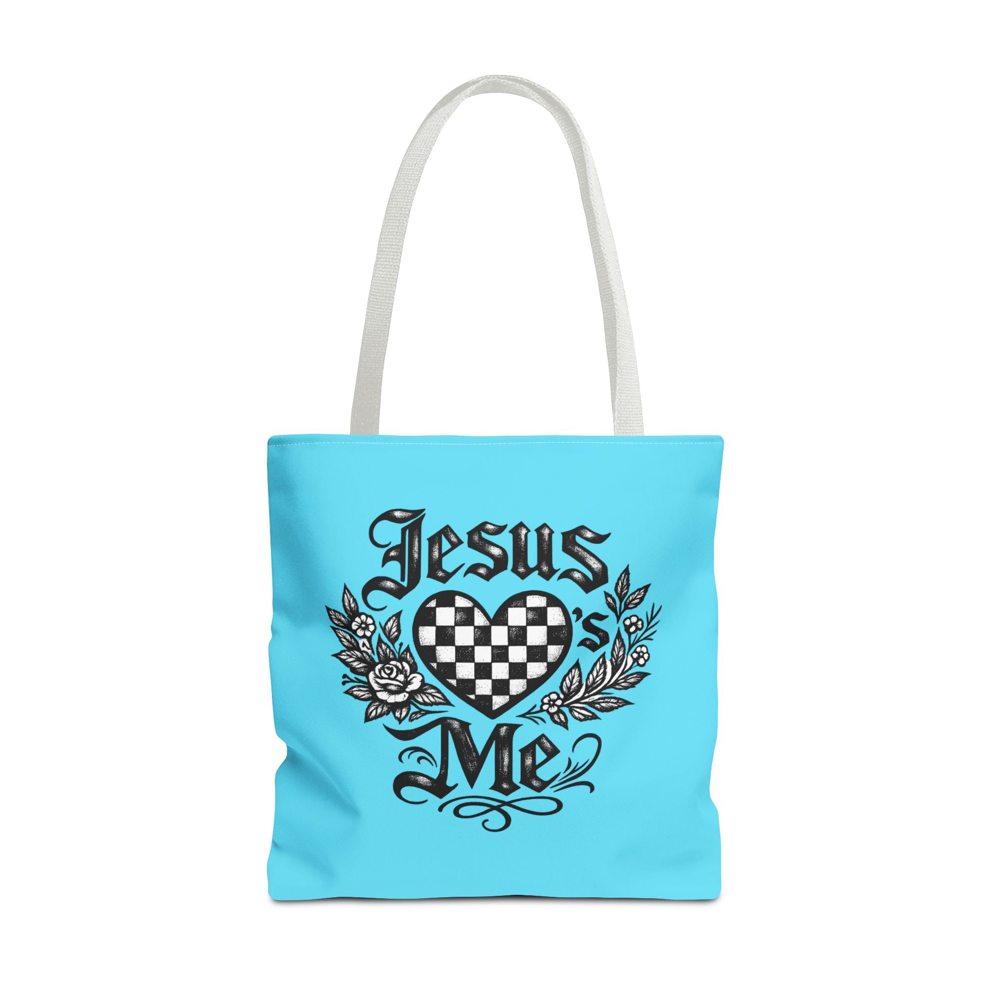 Religious Tote Bag — "Jesus Loves Me" Checkerboard Heart Design