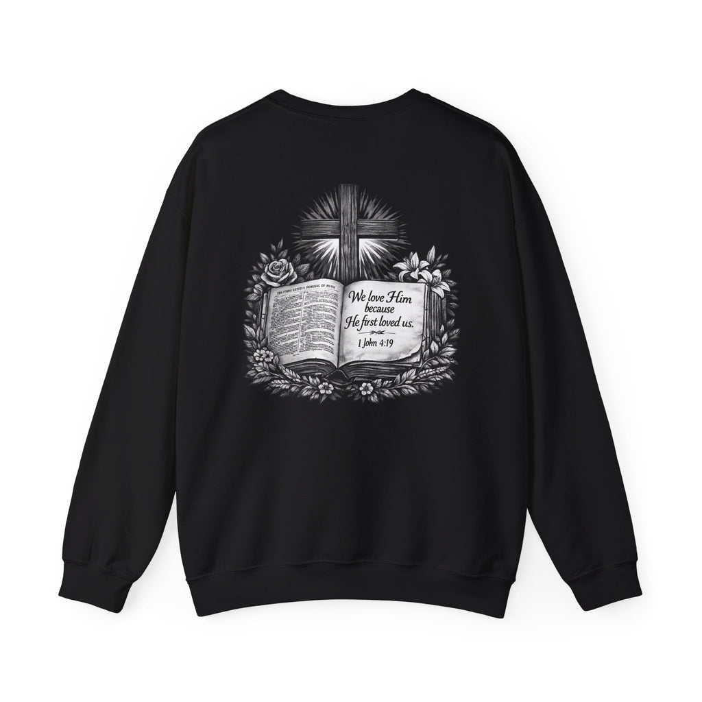 Bible Verse Cross Sweatshirt | 1 John 4:19 Religious Crewneck