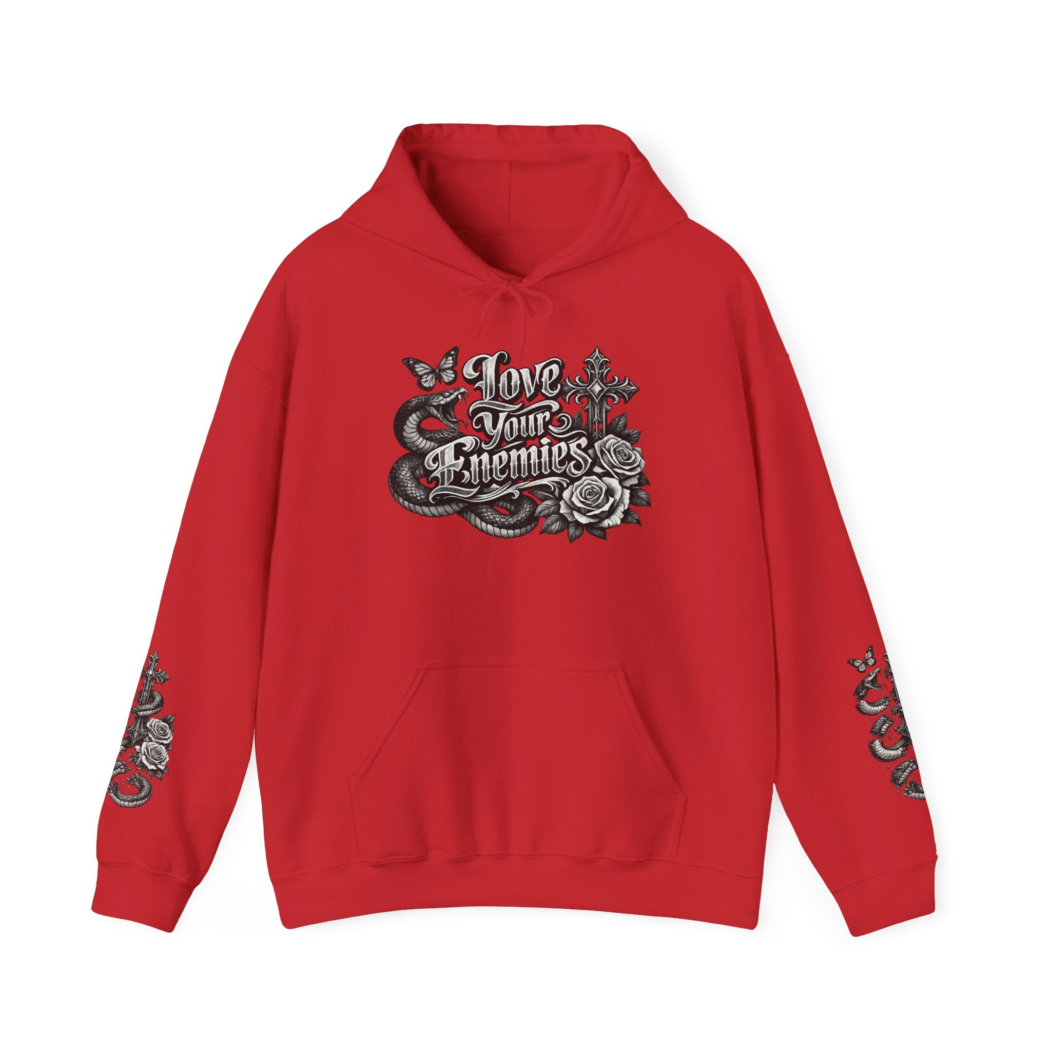 Love Your Enemies Ornate Gothic Cross Rose Serpent Hoodie
