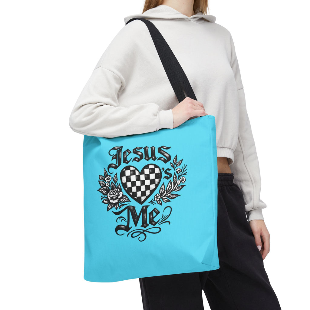 Religious Tote Bag — "Jesus Loves Me" Checkerboard Heart Design