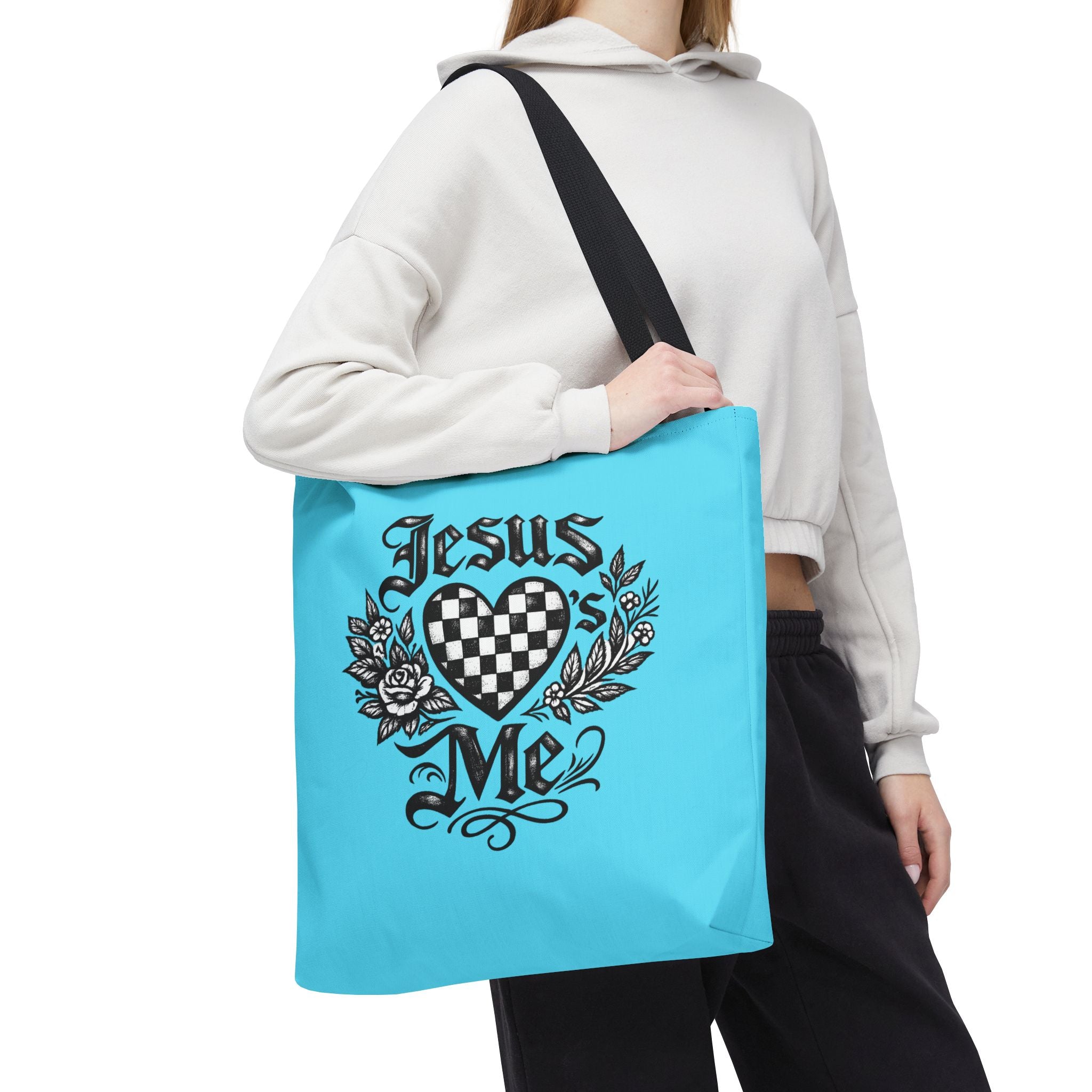Religious Tote Bag — "Jesus Loves Me" Checkerboard Heart Design