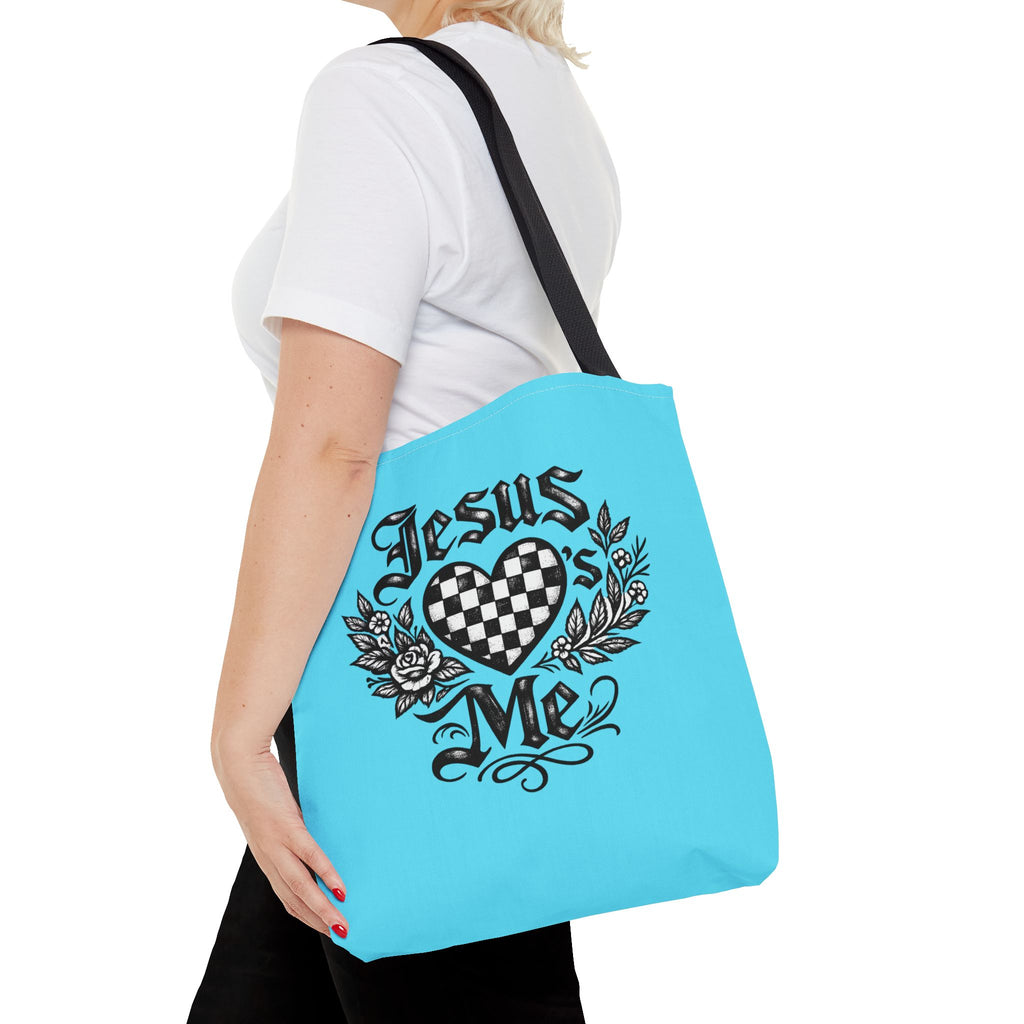 Religious Tote Bag — "Jesus Loves Me" Checkerboard Heart Design