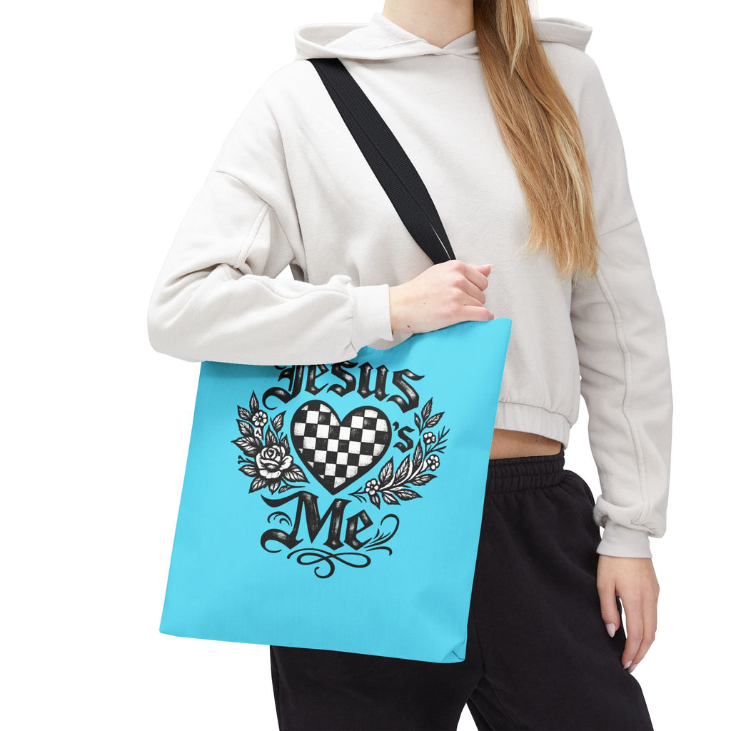 Religious Tote Bag — "Jesus Loves Me" Checkerboard Heart Design