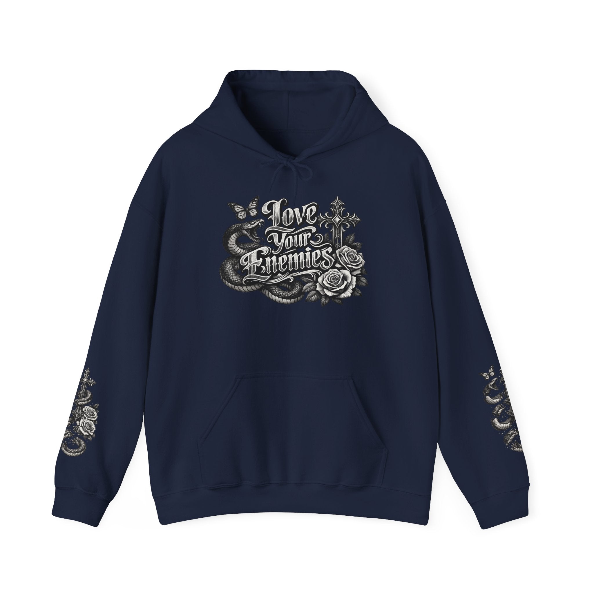 Love Your Enemies Ornate Gothic Cross Rose Serpent Hoodie