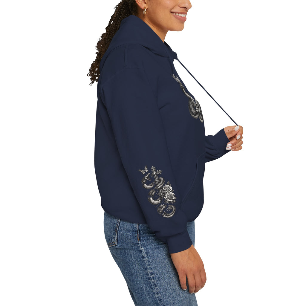 Love Your Enemies Ornate Gothic Cross Rose Serpent Hoodie