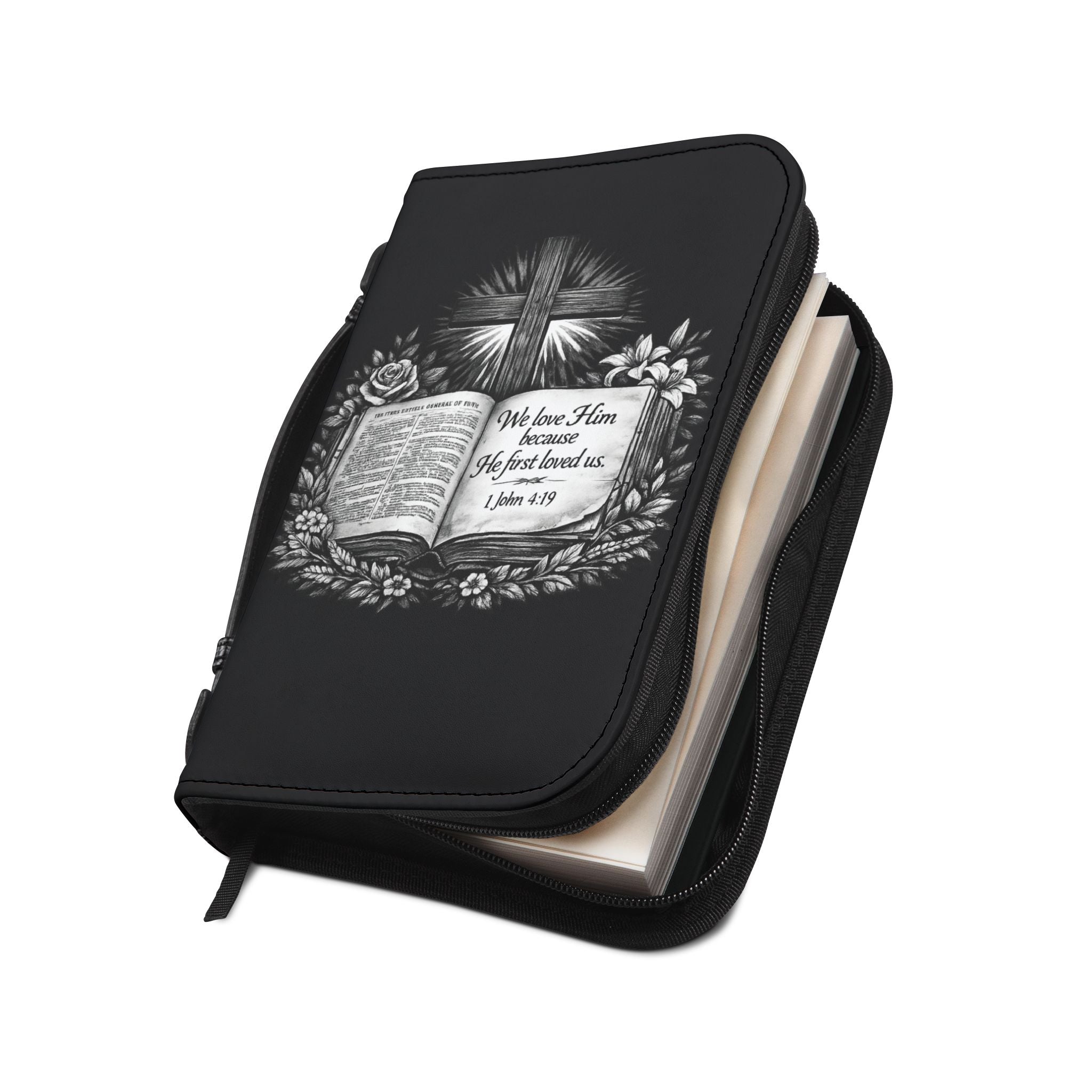 1 John 4:19 Scripture Bible Cover | Leather Zipper Bible Carrying Case