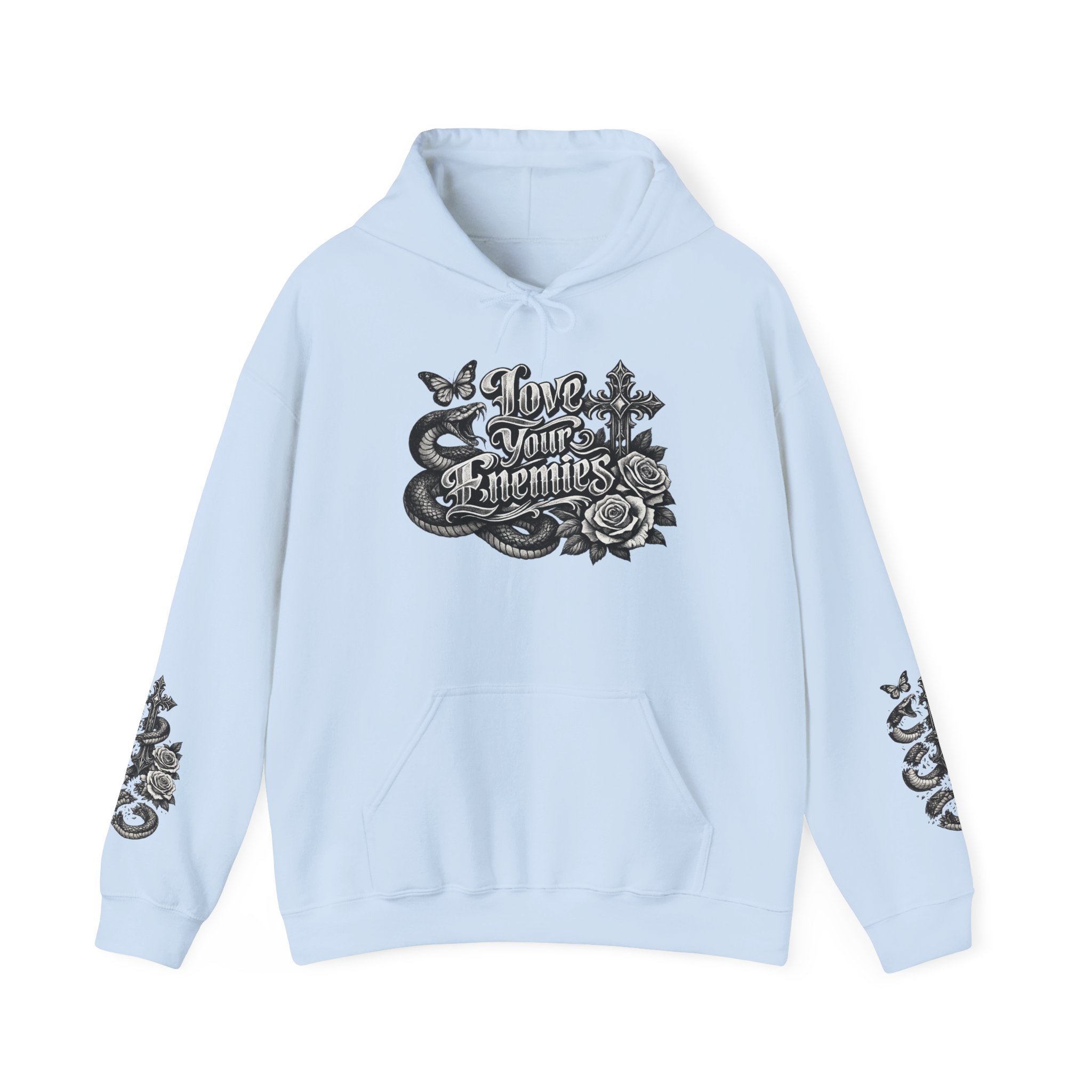 Love Your Enemies Ornate Gothic Cross Rose Serpent Hoodie
