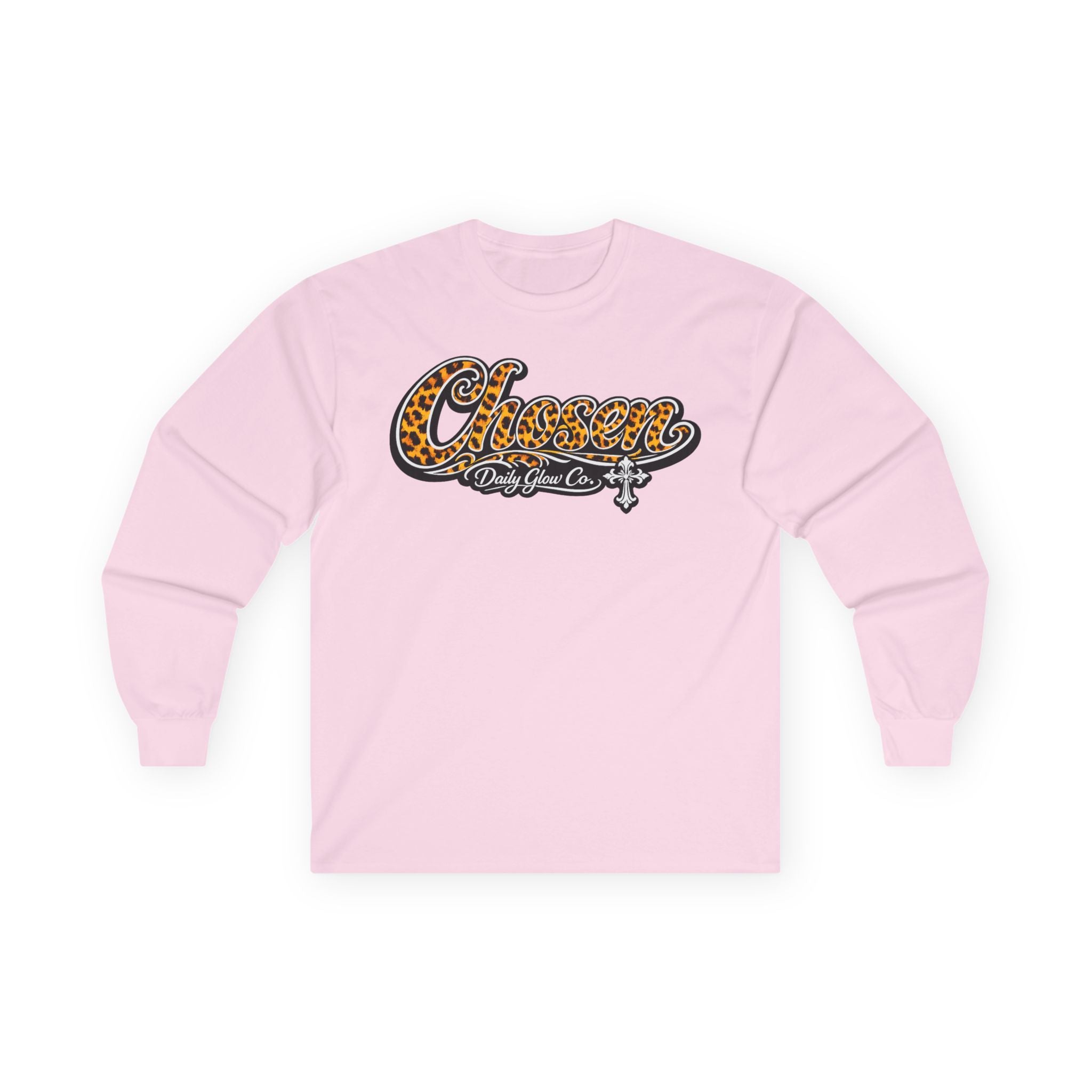 Chosen Leopard Script Christian Streetwear Long Sleeve Tee | Retro Cheetah Print Cross Long Sleeve Tee