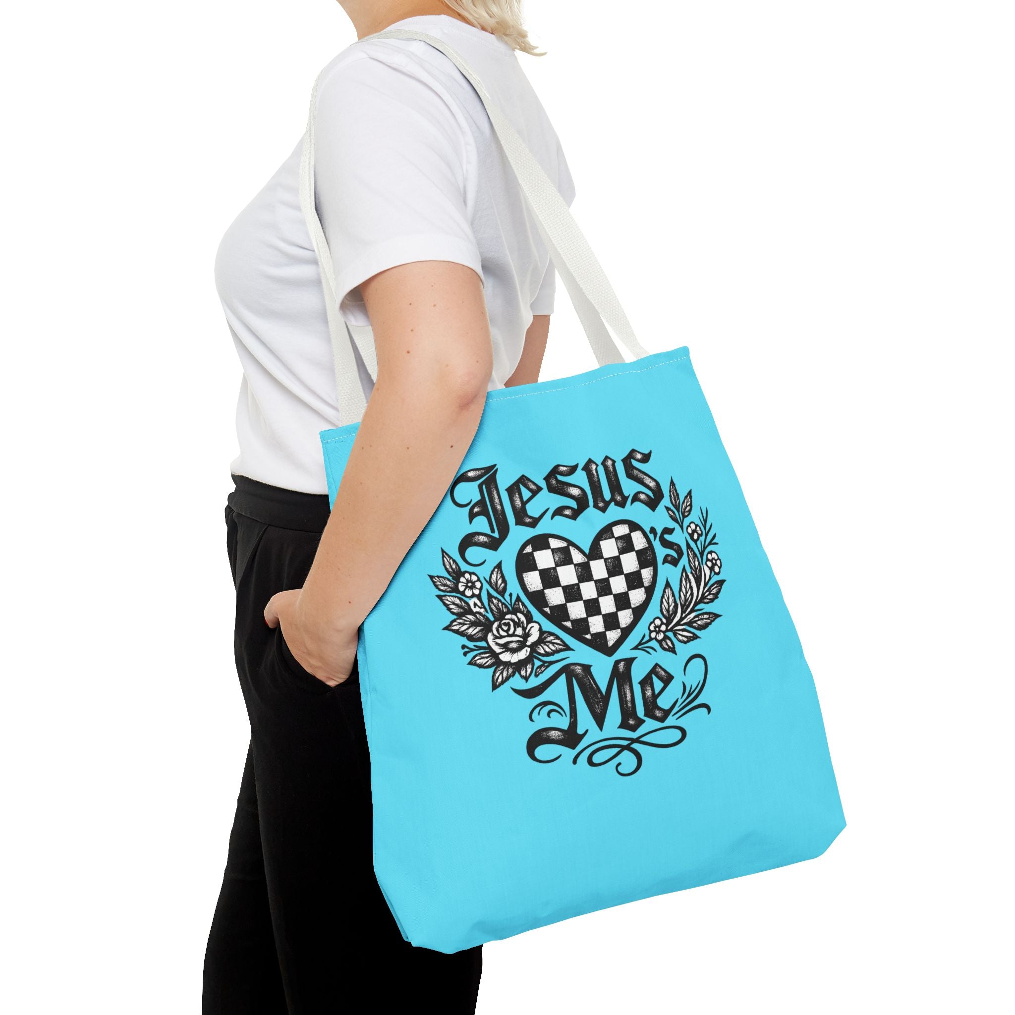 Religious Tote Bag — "Jesus Loves Me" Checkerboard Heart Design