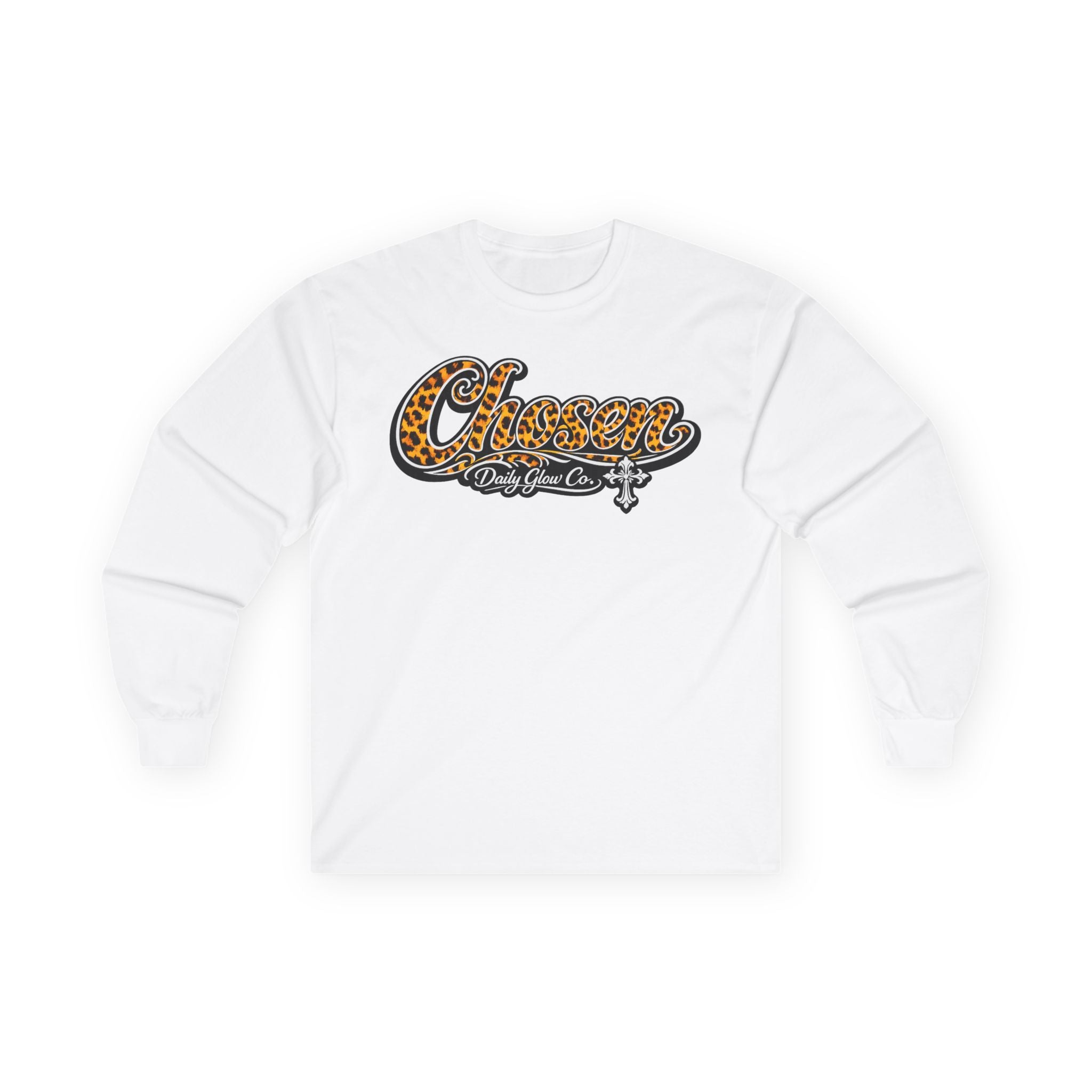 Chosen Leopard Script Christian Streetwear Long Sleeve Tee | Retro Cheetah Print Cross Long Sleeve Tee
