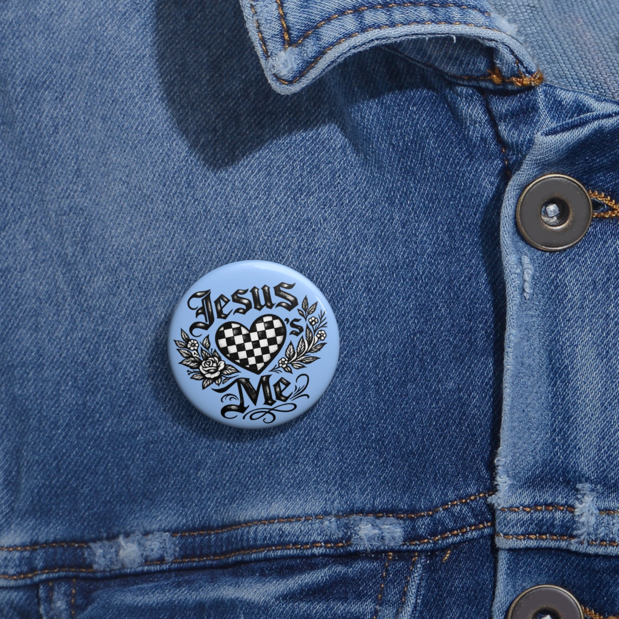 Jesus Loves Me Pin Button — Christian Faith Heart Checkered Badge