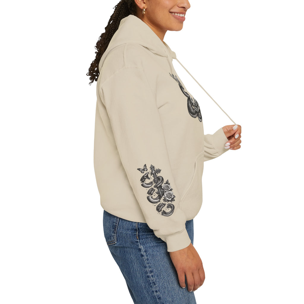 Love Your Enemies Ornate Gothic Cross Rose Serpent Hoodie