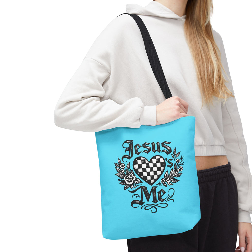 Religious Tote Bag — "Jesus Loves Me" Checkerboard Heart Design