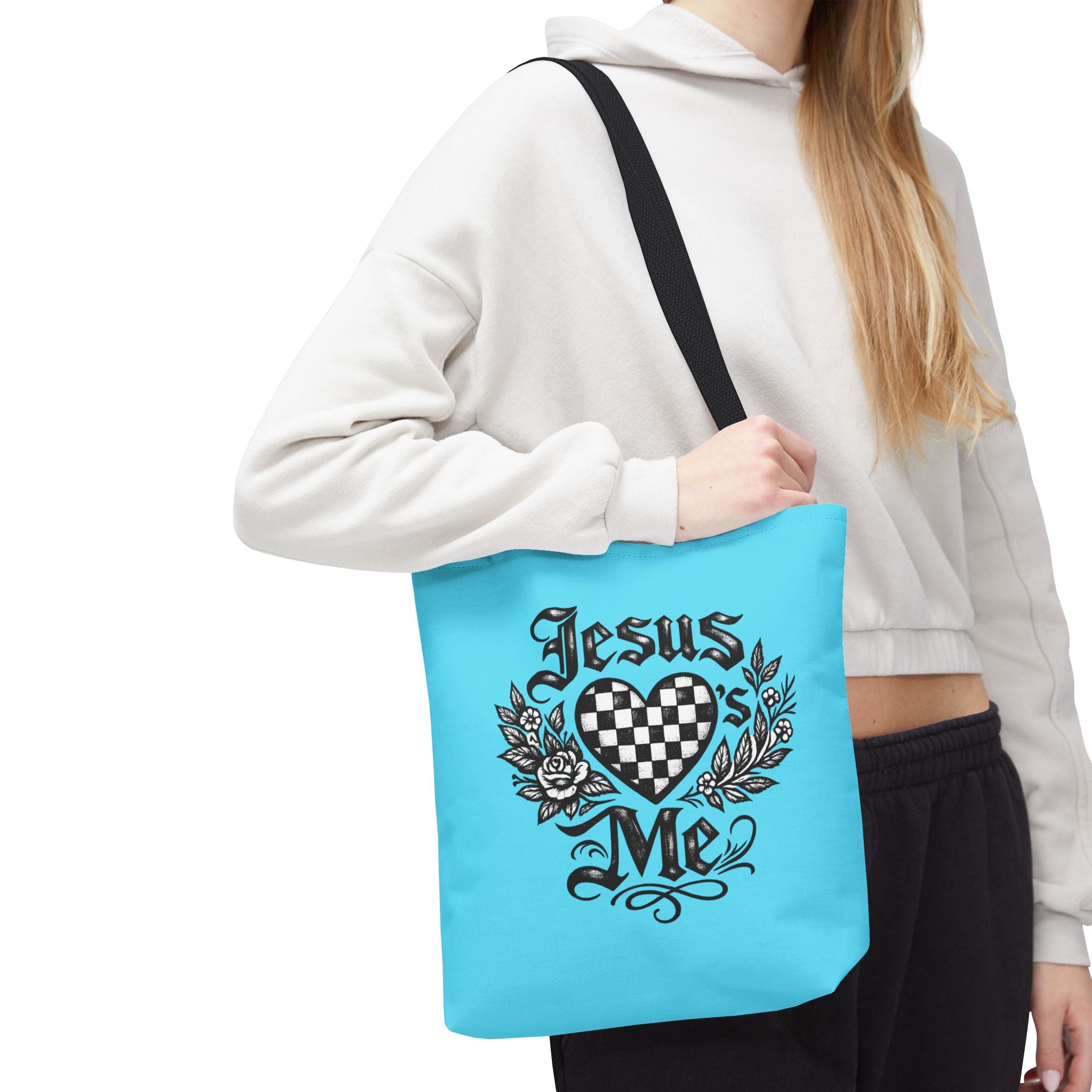 Religious Tote Bag — "Jesus Loves Me" Checkerboard Heart Design