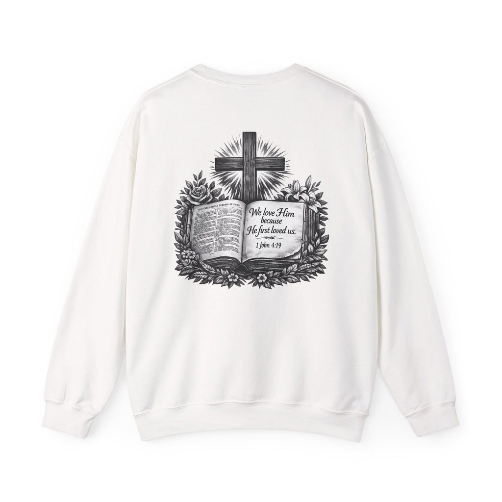 Bible Verse Cross Sweatshirt | 1 John 4:19 Religious Crewneck