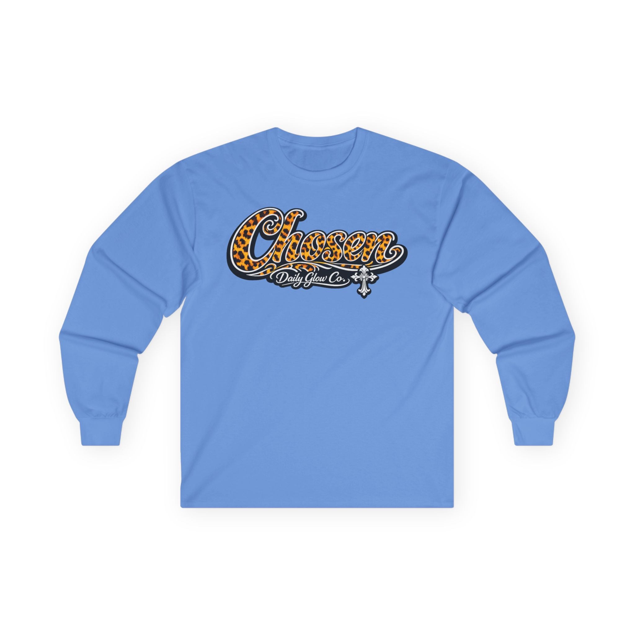Chosen Leopard Script Christian Streetwear Long Sleeve Tee | Retro Cheetah Print Cross Long Sleeve Tee