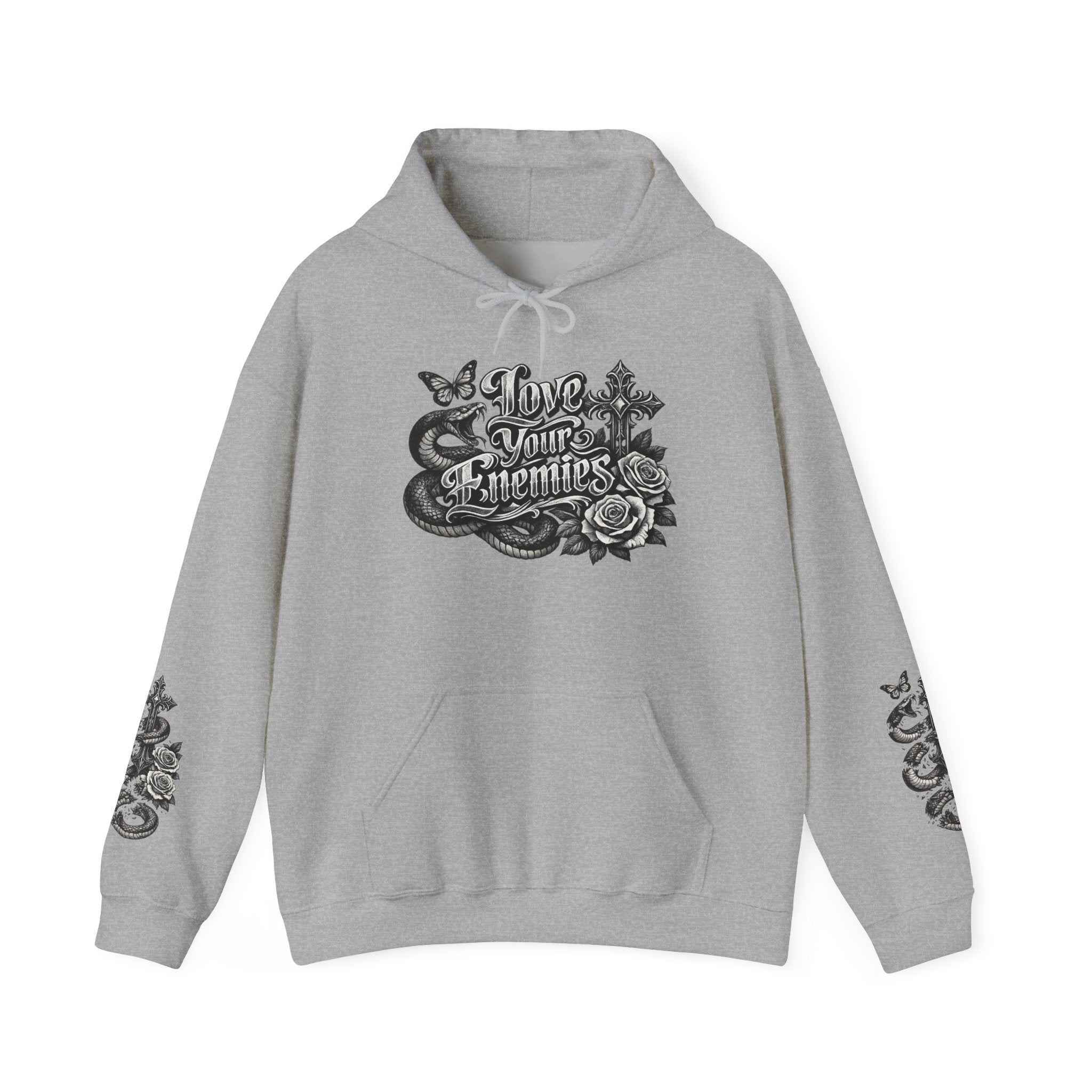 Love Your Enemies Ornate Gothic Cross Rose Serpent Hoodie