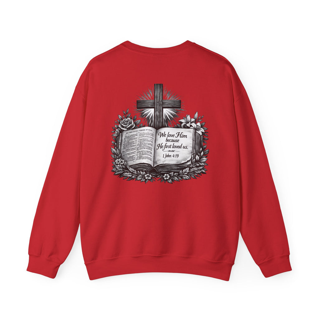 Bible Verse Cross Sweatshirt | 1 John 4:19 Religious Crewneck