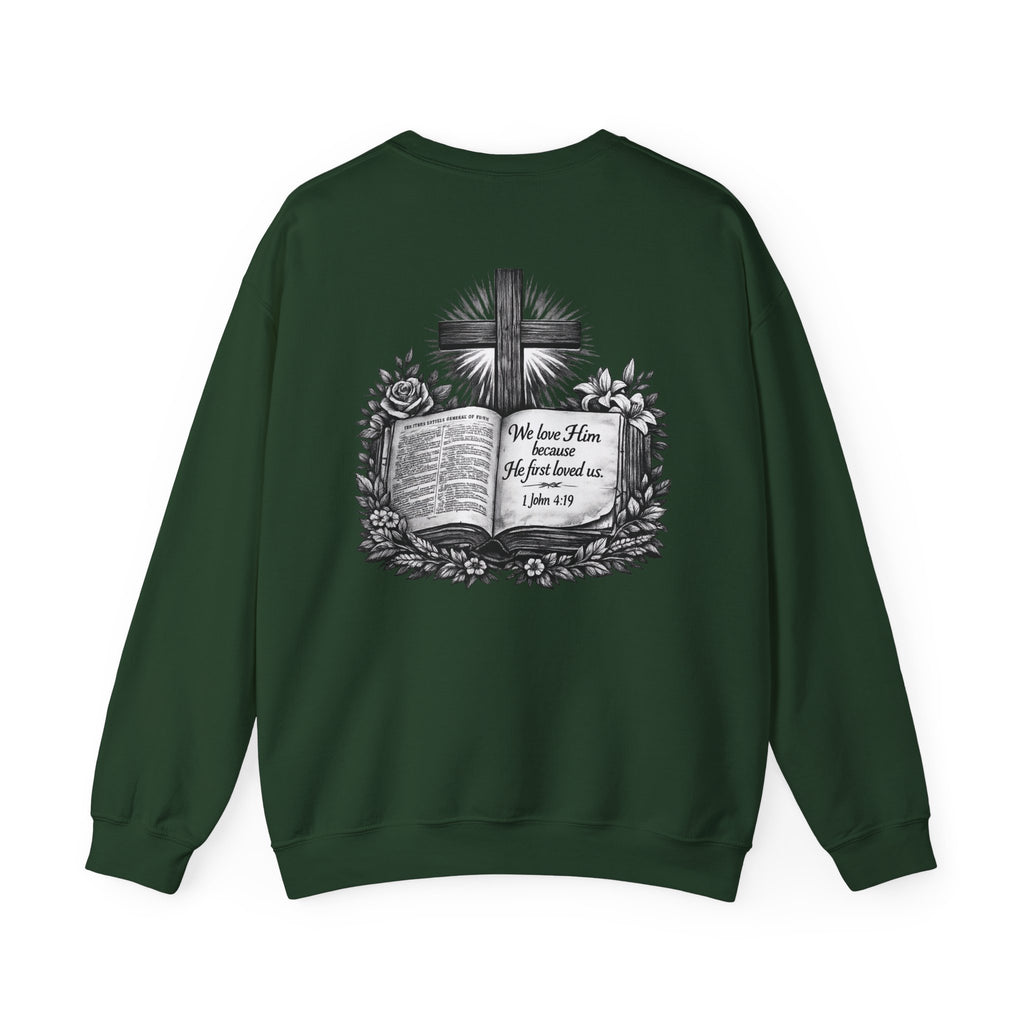 Bible Verse Cross Sweatshirt | 1 John 4:19 Religious Crewneck