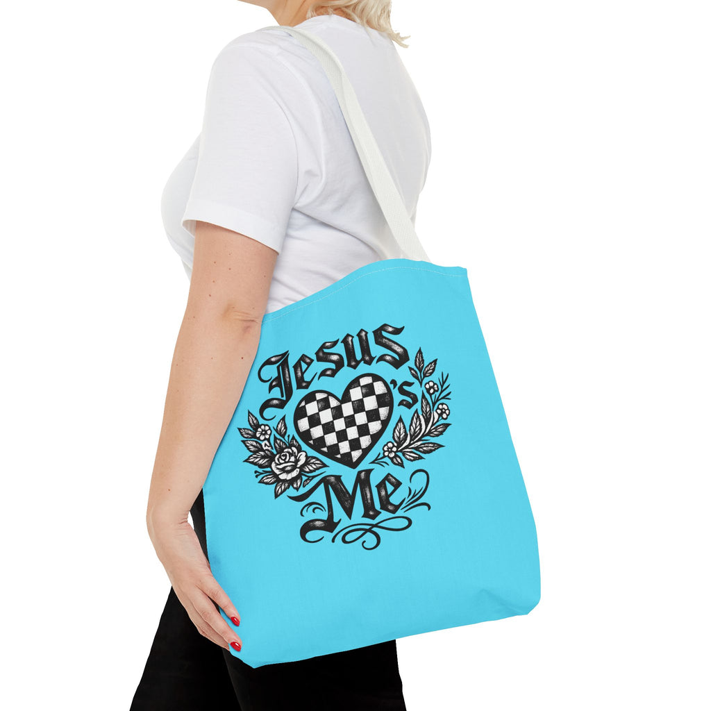 Religious Tote Bag — "Jesus Loves Me" Checkerboard Heart Design
