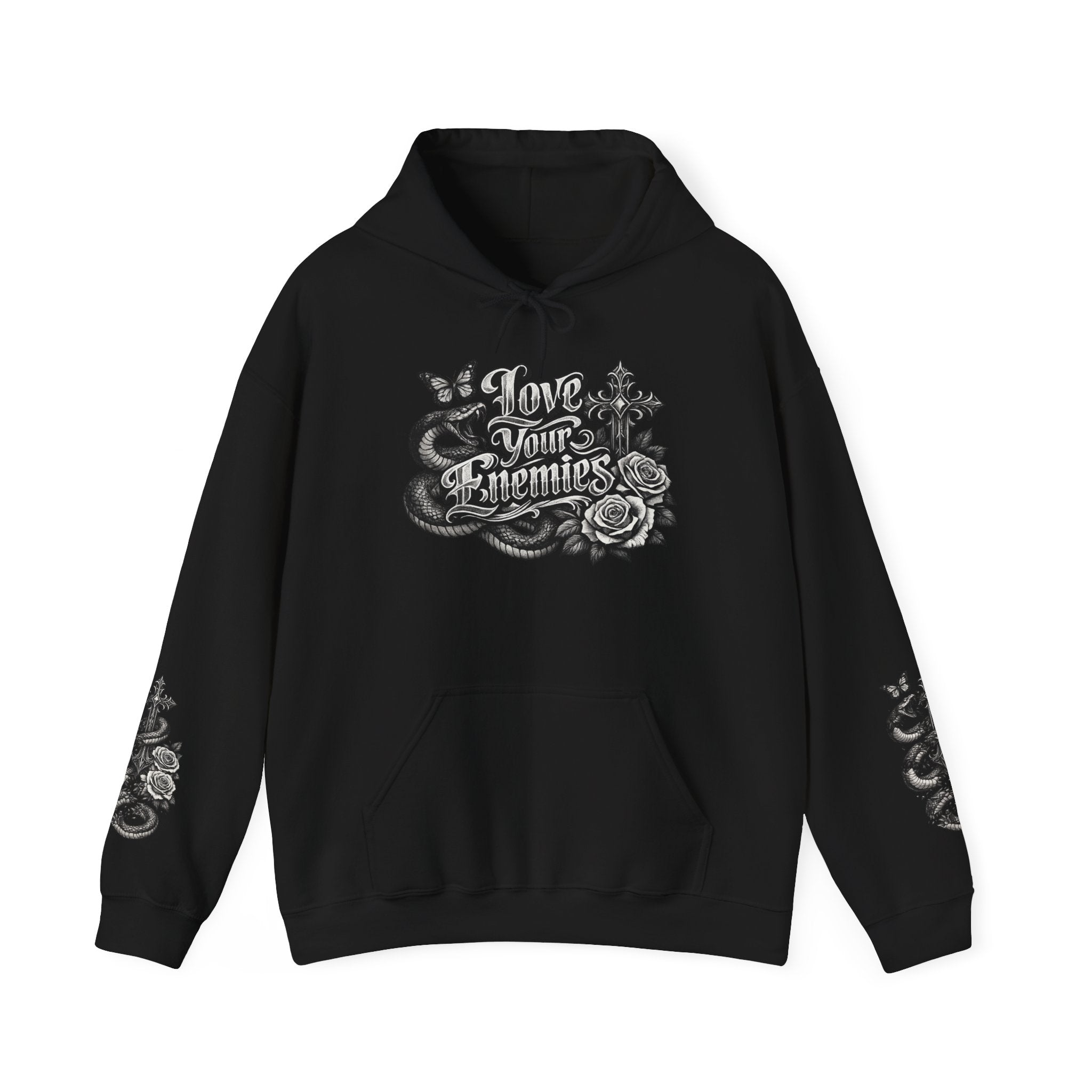 Love Your Enemies Ornate Gothic Cross Rose Serpent Hoodie