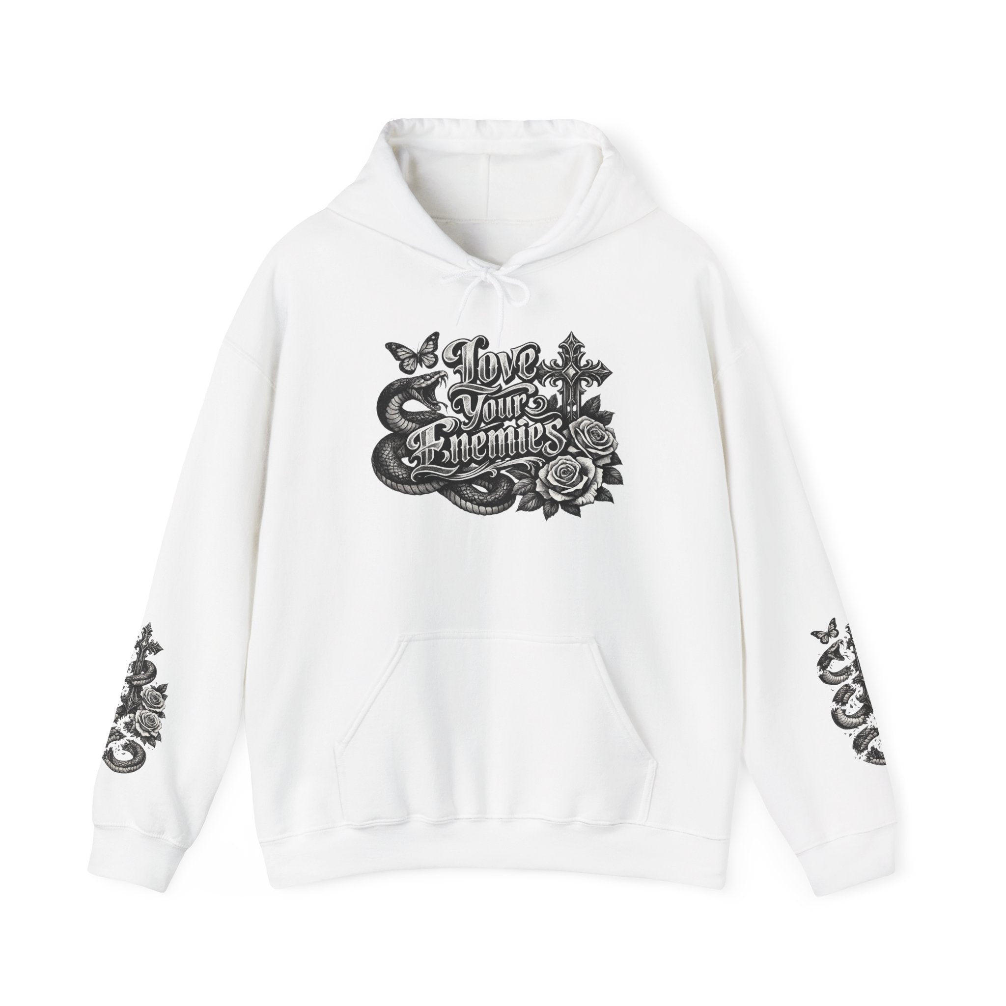 Love Your Enemies Ornate Gothic Cross Rose Serpent Hoodie