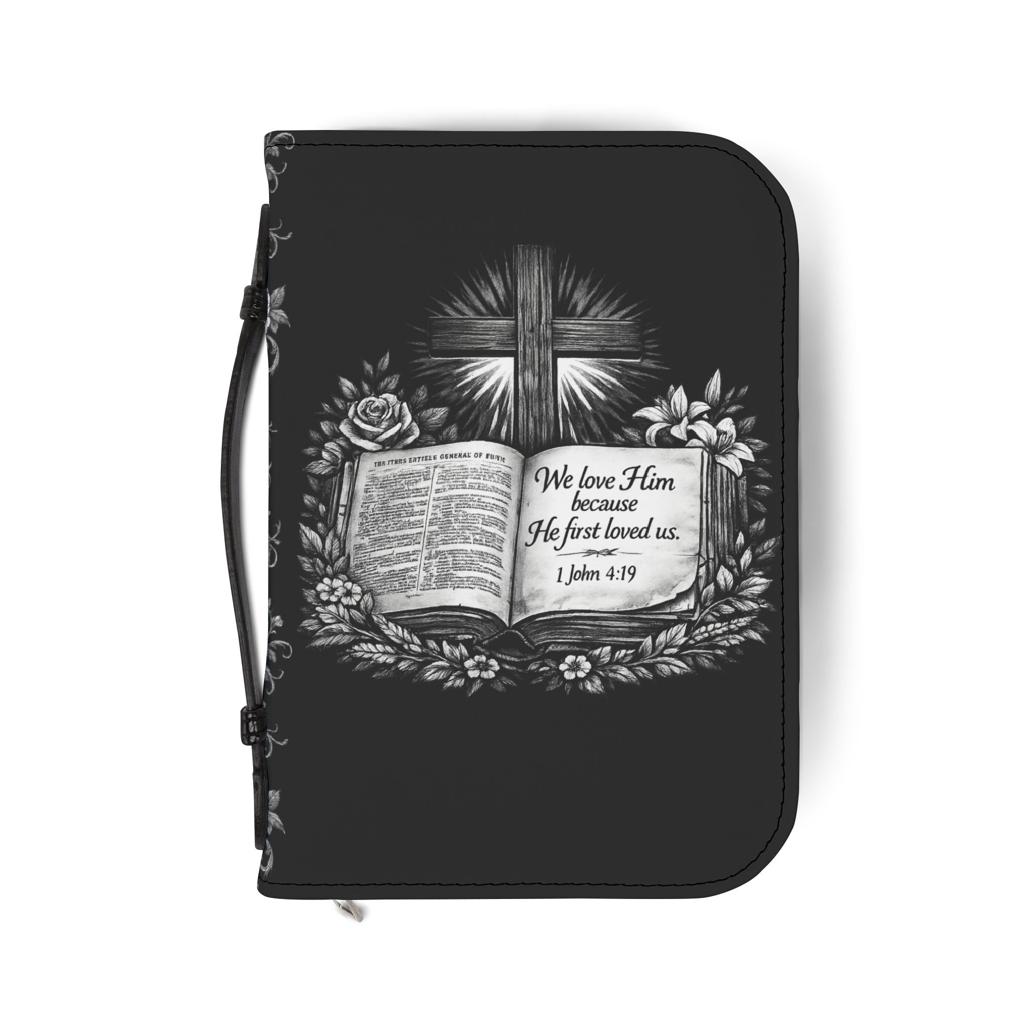 1 John 4:19 Scripture Bible Cover | Leather Zipper Bible Carrying Case