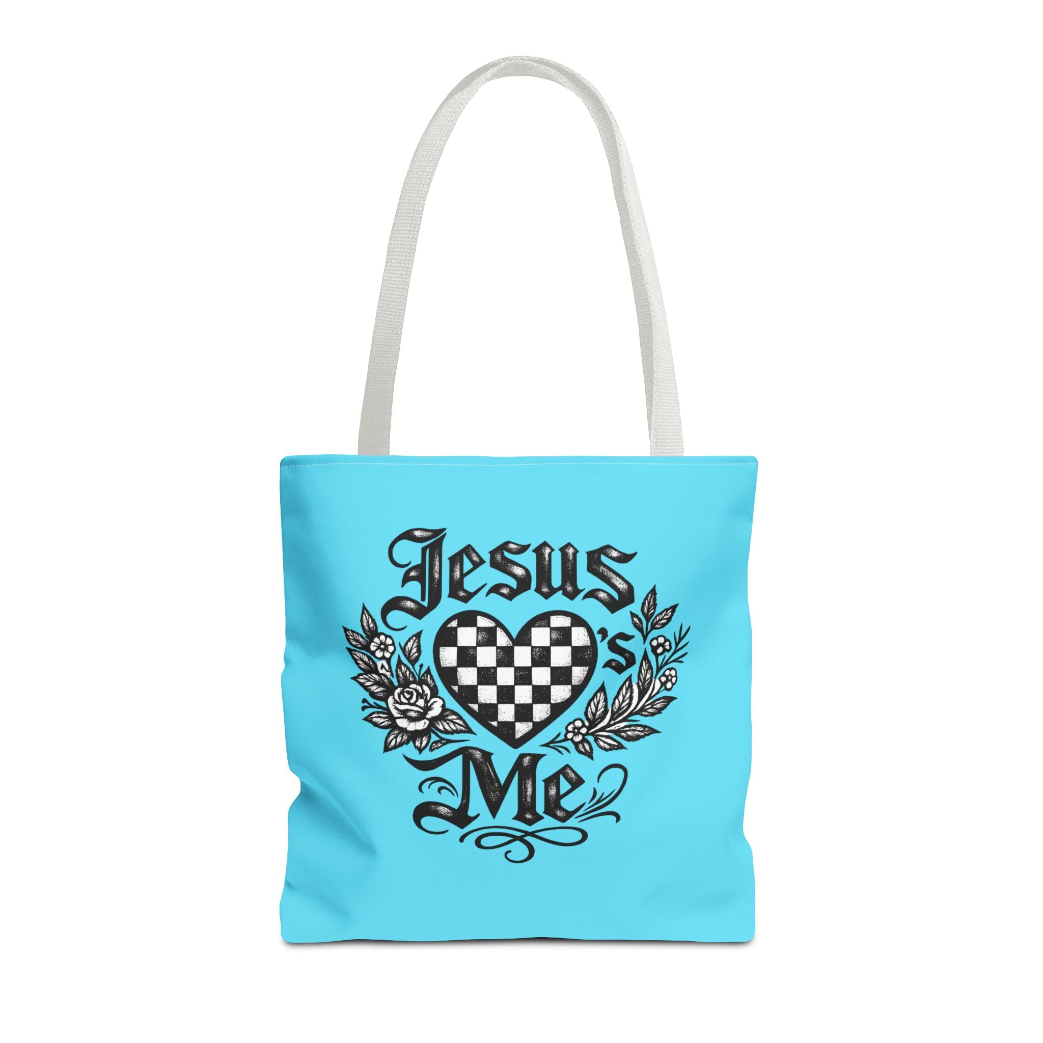 Religious Tote Bag — "Jesus Loves Me" Checkerboard Heart Design