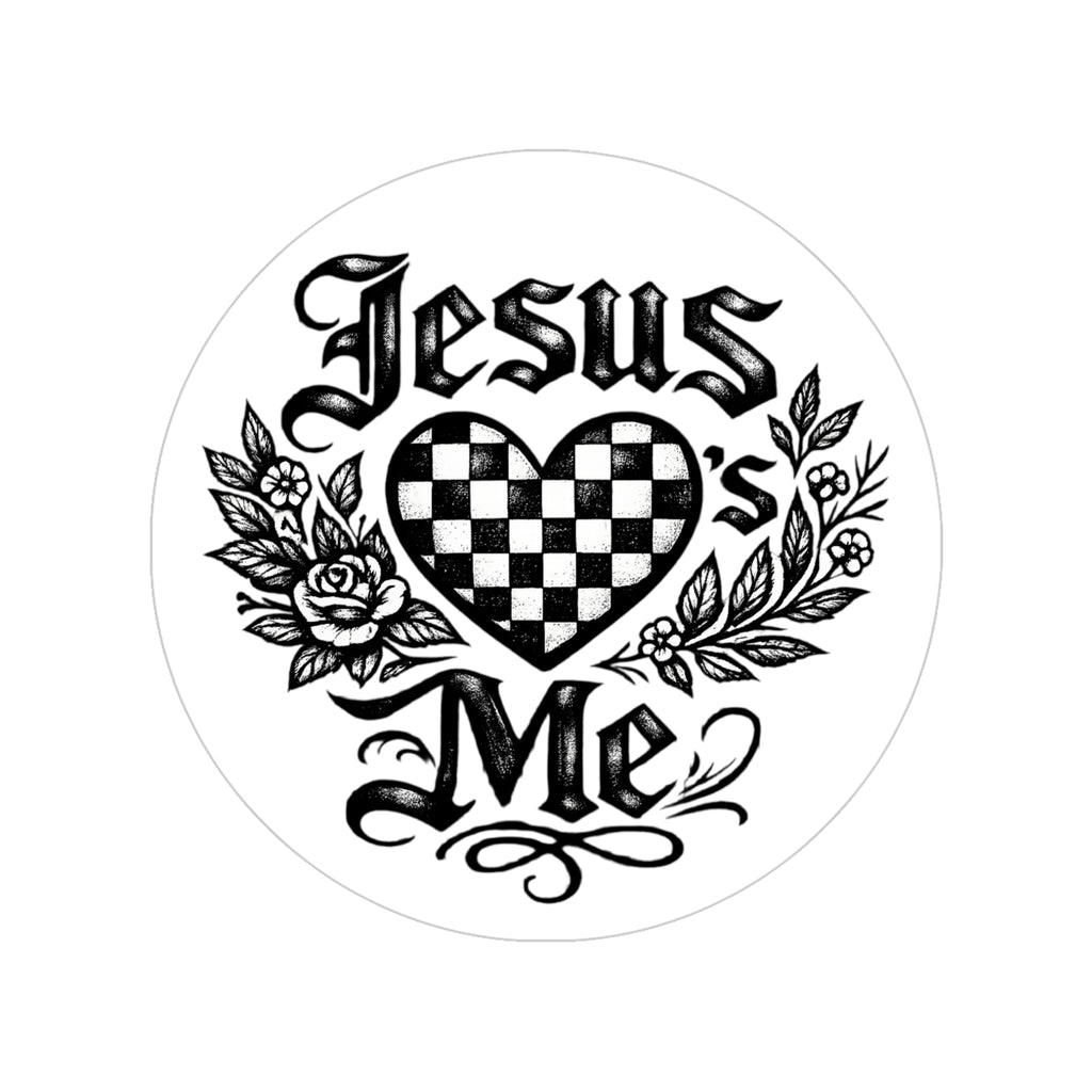 Round Transparent Sticker — "Jesus Loves Me" Checkerheart Design