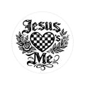 Round Transparent Sticker — "Jesus Loves Me" Checkerheart Design
