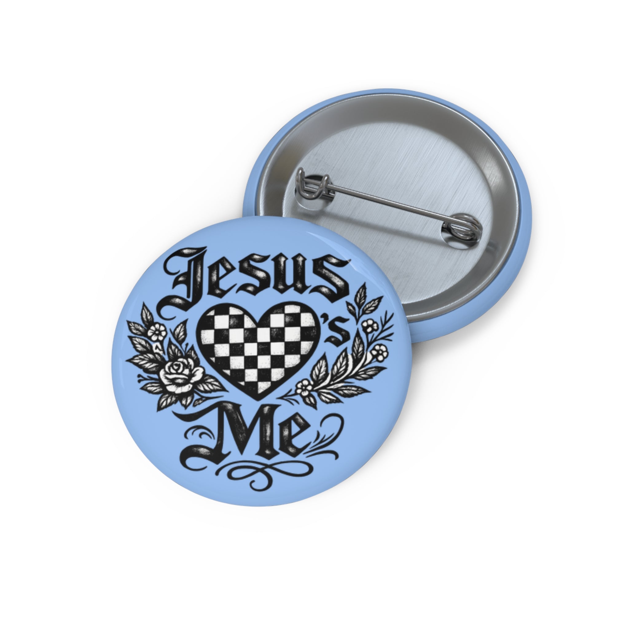 Jesus Loves Me Pin Button — Christian Faith Heart Checkered Badge