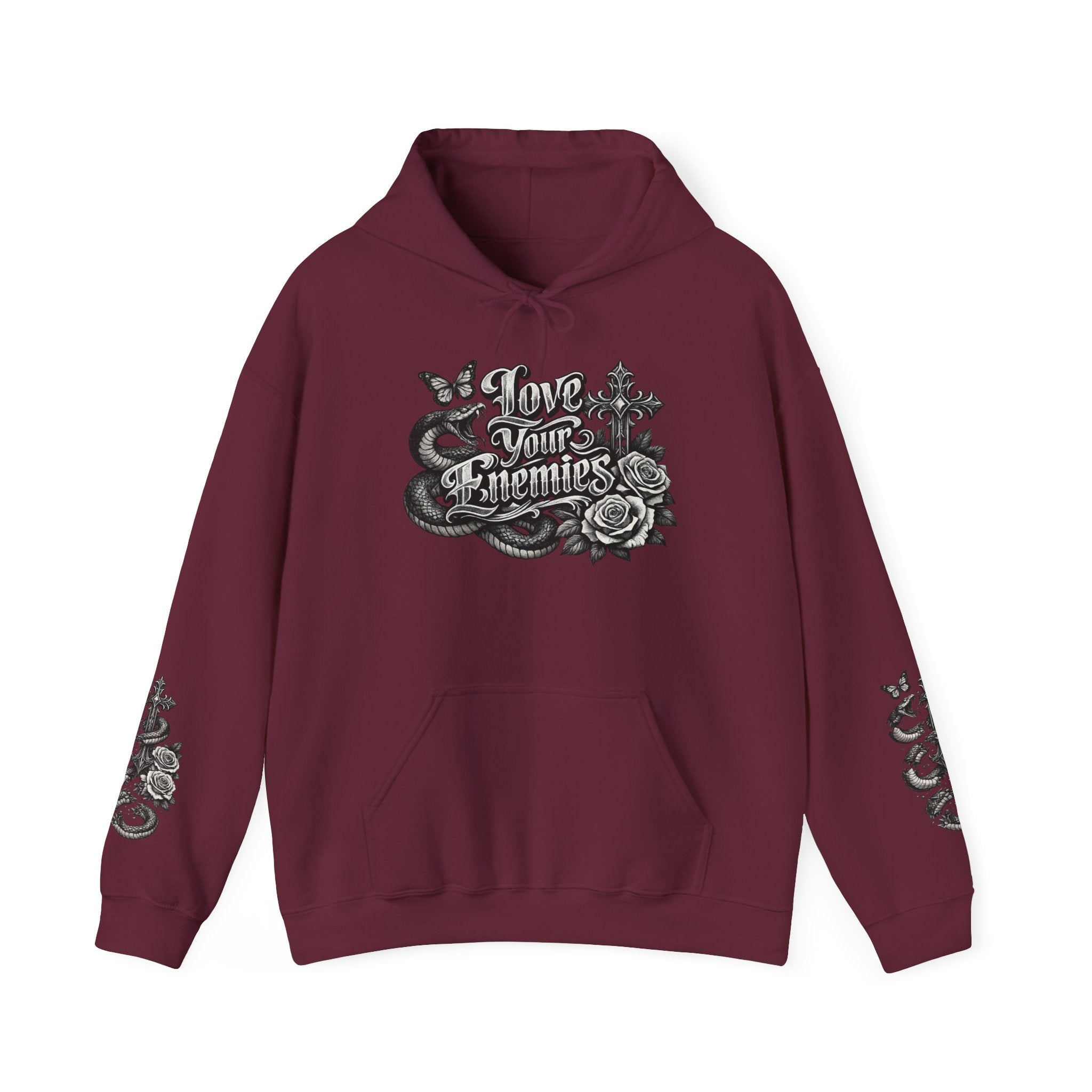 Love Your Enemies Ornate Gothic Cross Rose Serpent Hoodie