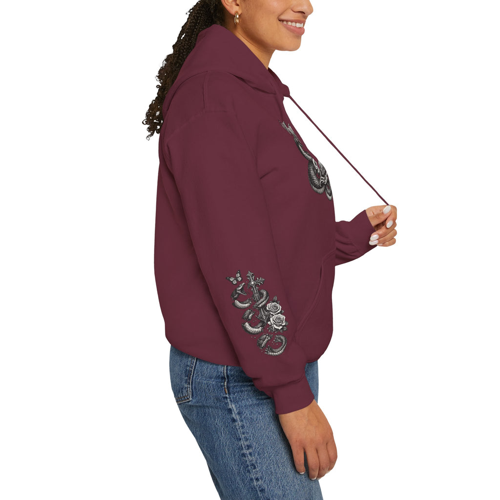 Love Your Enemies Ornate Gothic Cross Rose Serpent Hoodie