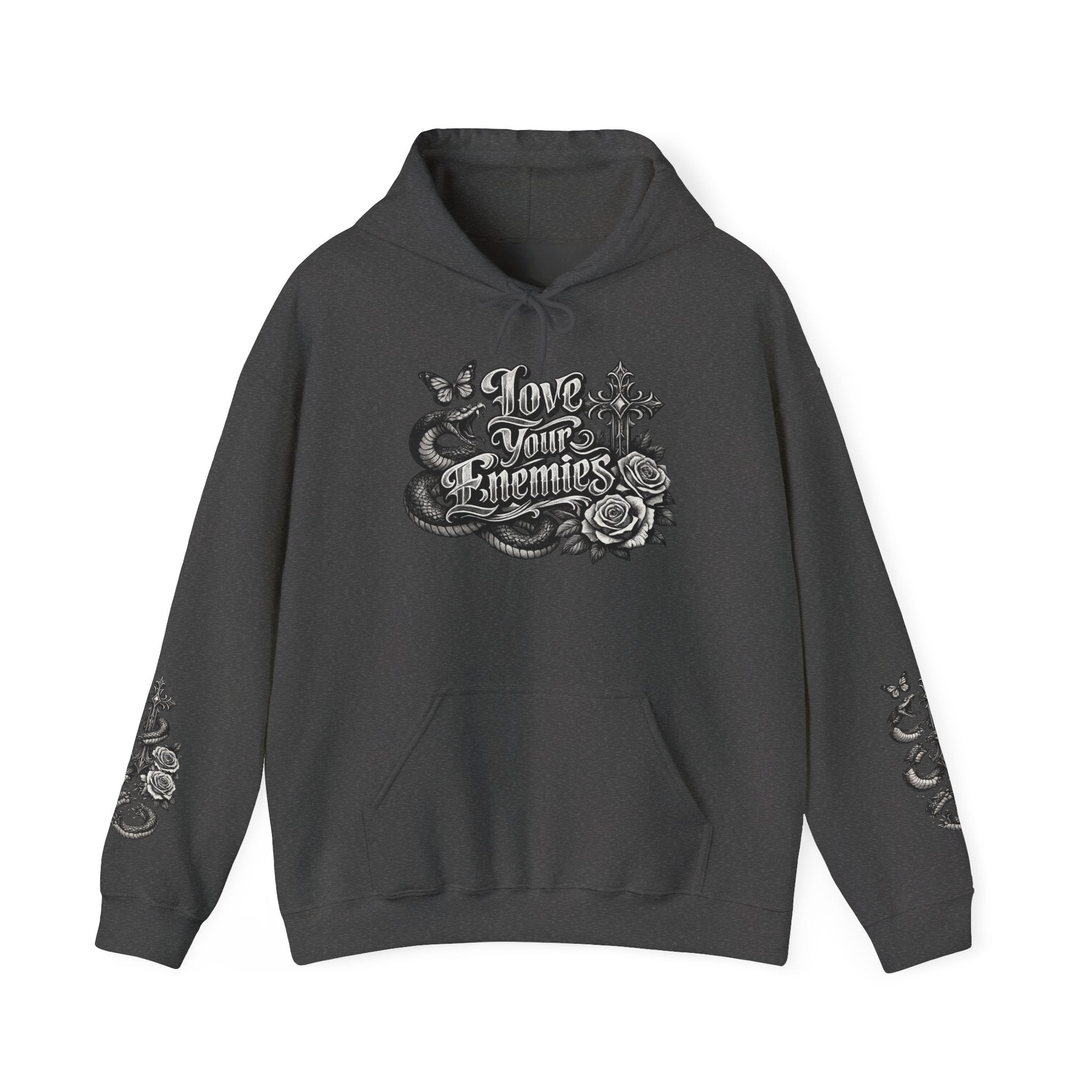 Love Your Enemies Ornate Gothic Cross Rose Serpent Hoodie