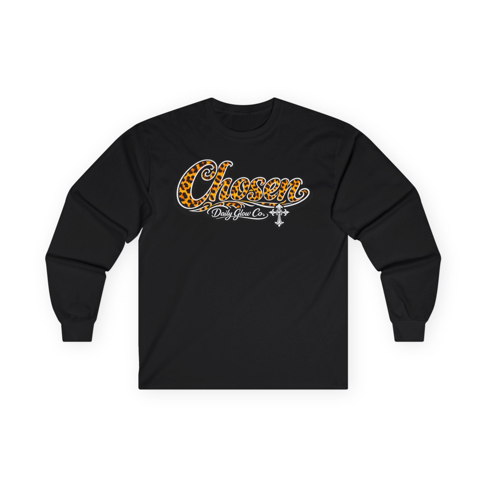 Chosen Leopard Script Christian Streetwear Long Sleeve Tee | Retro Cheetah Print Cross Long Sleeve Tee