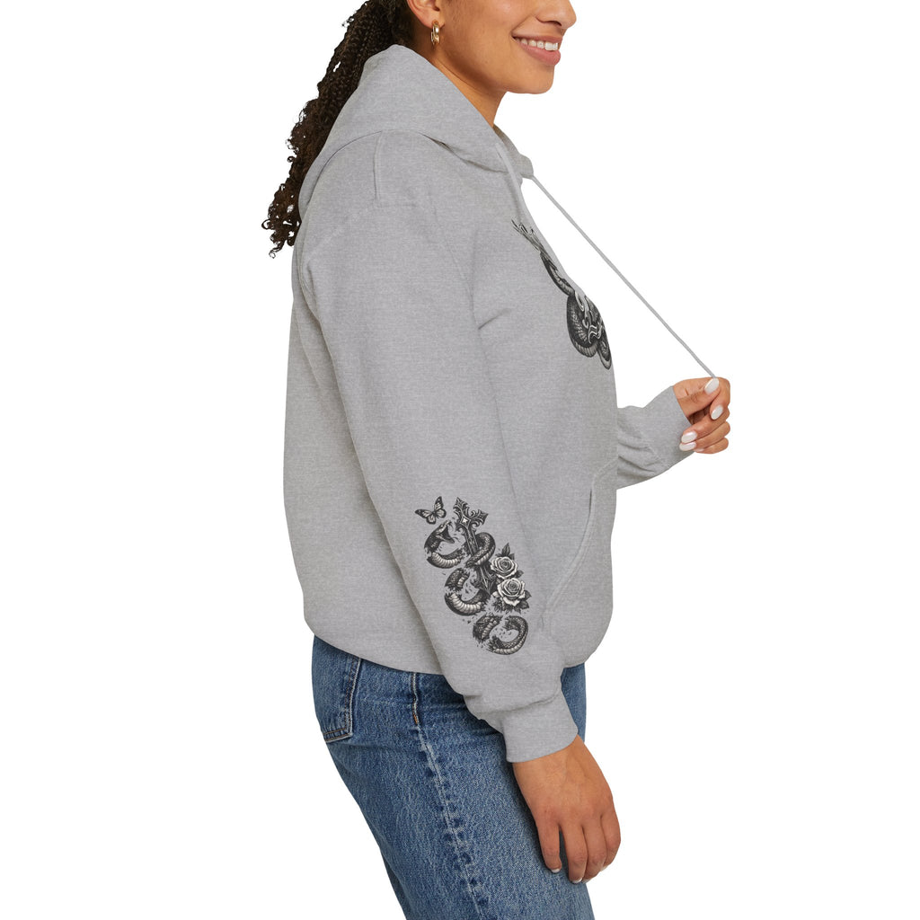 Love Your Enemies Ornate Gothic Cross Rose Serpent Hoodie