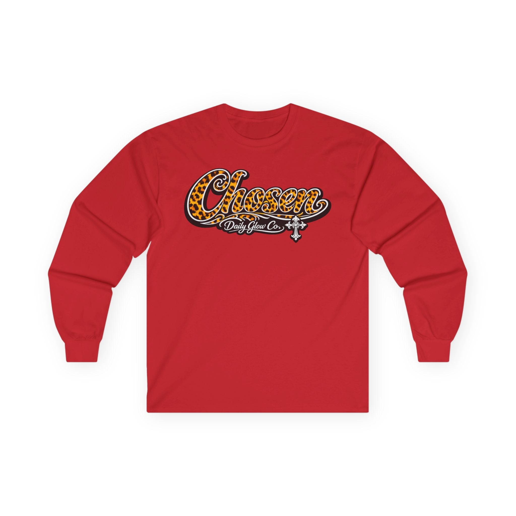 Chosen Leopard Script Christian Streetwear Long Sleeve Tee | Retro Cheetah Print Cross Long Sleeve Tee