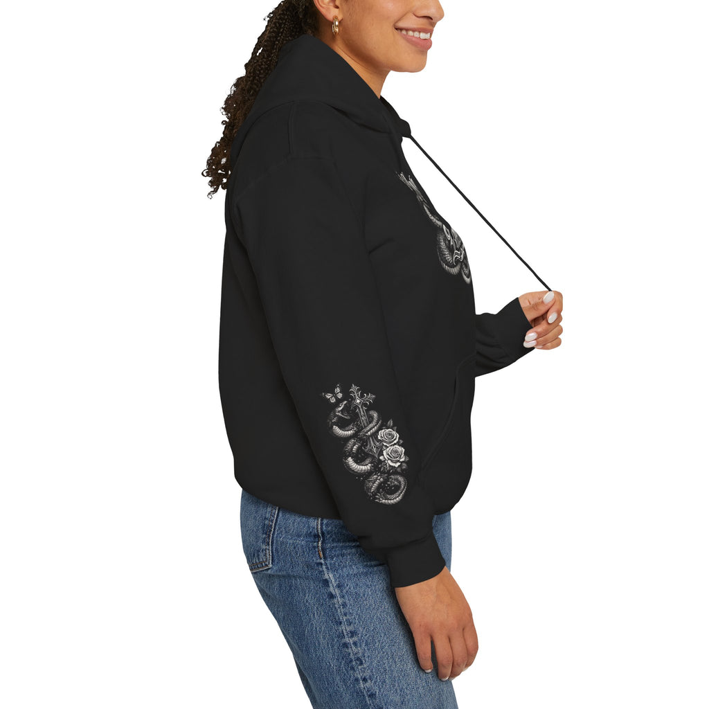 Love Your Enemies Ornate Gothic Cross Rose Serpent Hoodie
