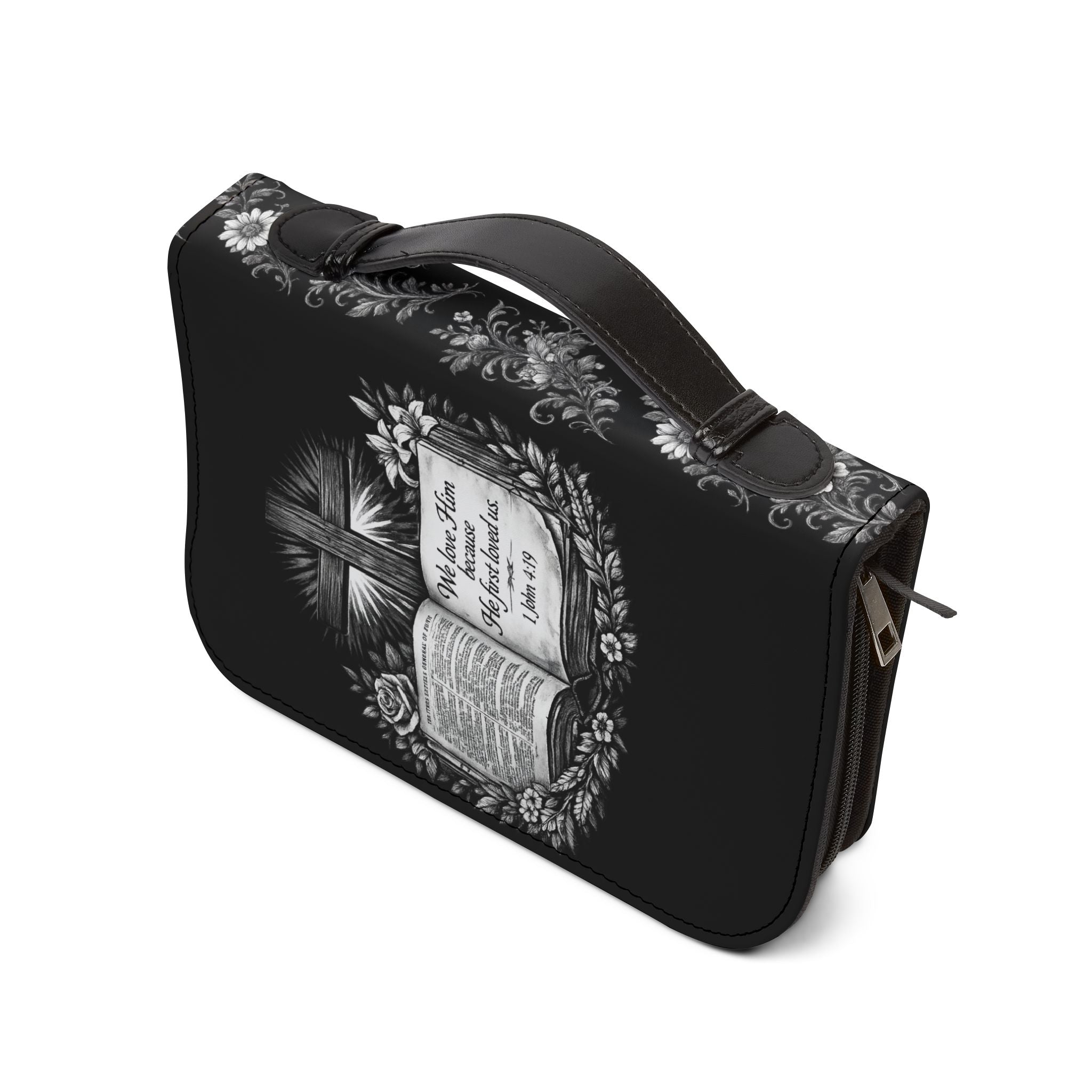 1 John 4:19 Scripture Bible Cover | Leather Zipper Bible Carrying Case