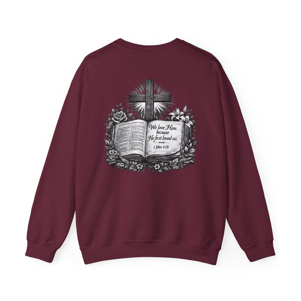 Bible Verse Cross Sweatshirt | 1 John 4:19 Religious Crewneck