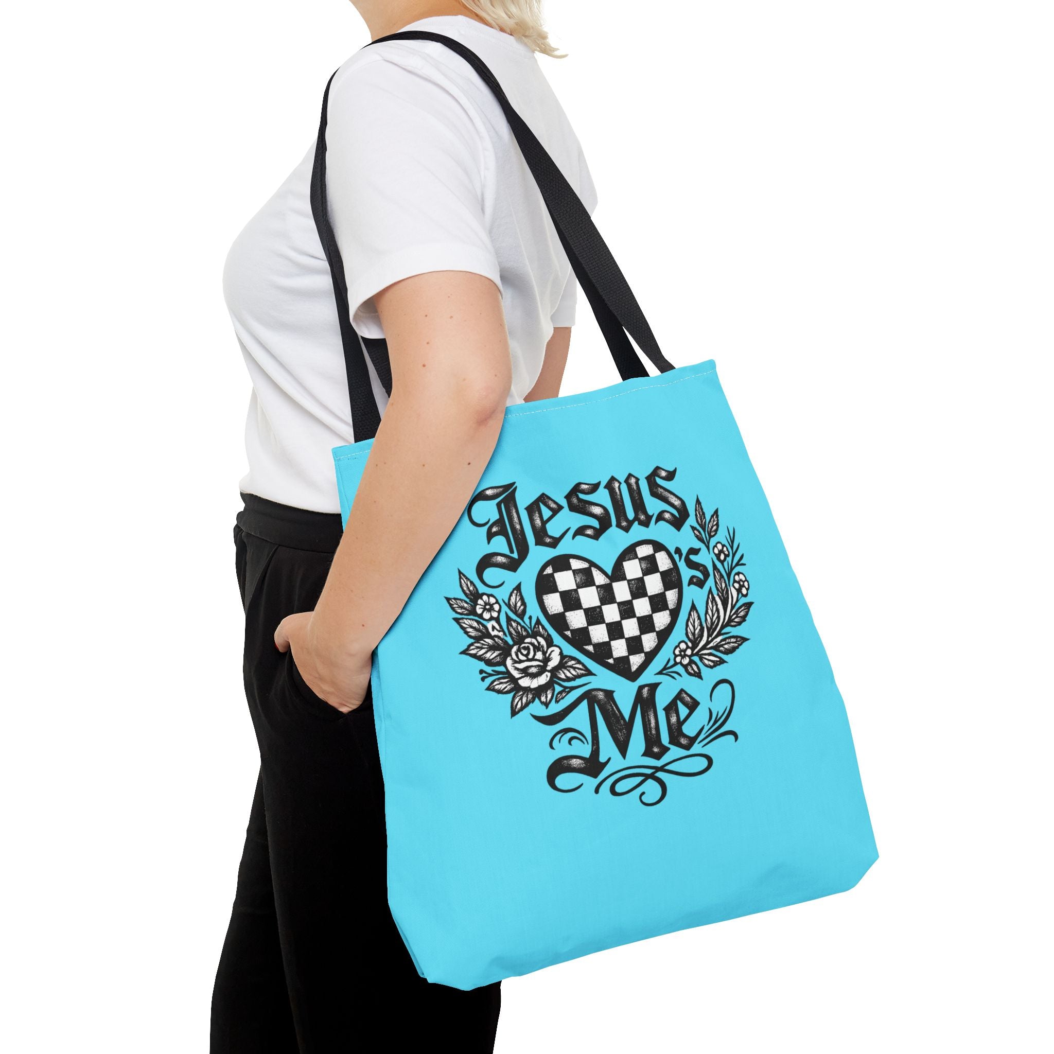 Religious Tote Bag — "Jesus Loves Me" Checkerboard Heart Design