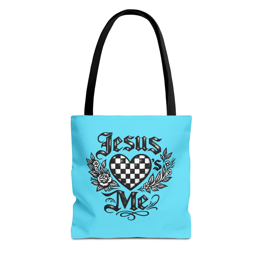Religious Tote Bag — "Jesus Loves Me" Checkerboard Heart Design