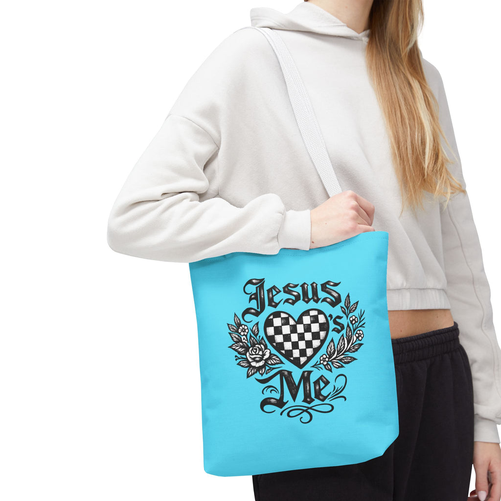Religious Tote Bag — "Jesus Loves Me" Checkerboard Heart Design